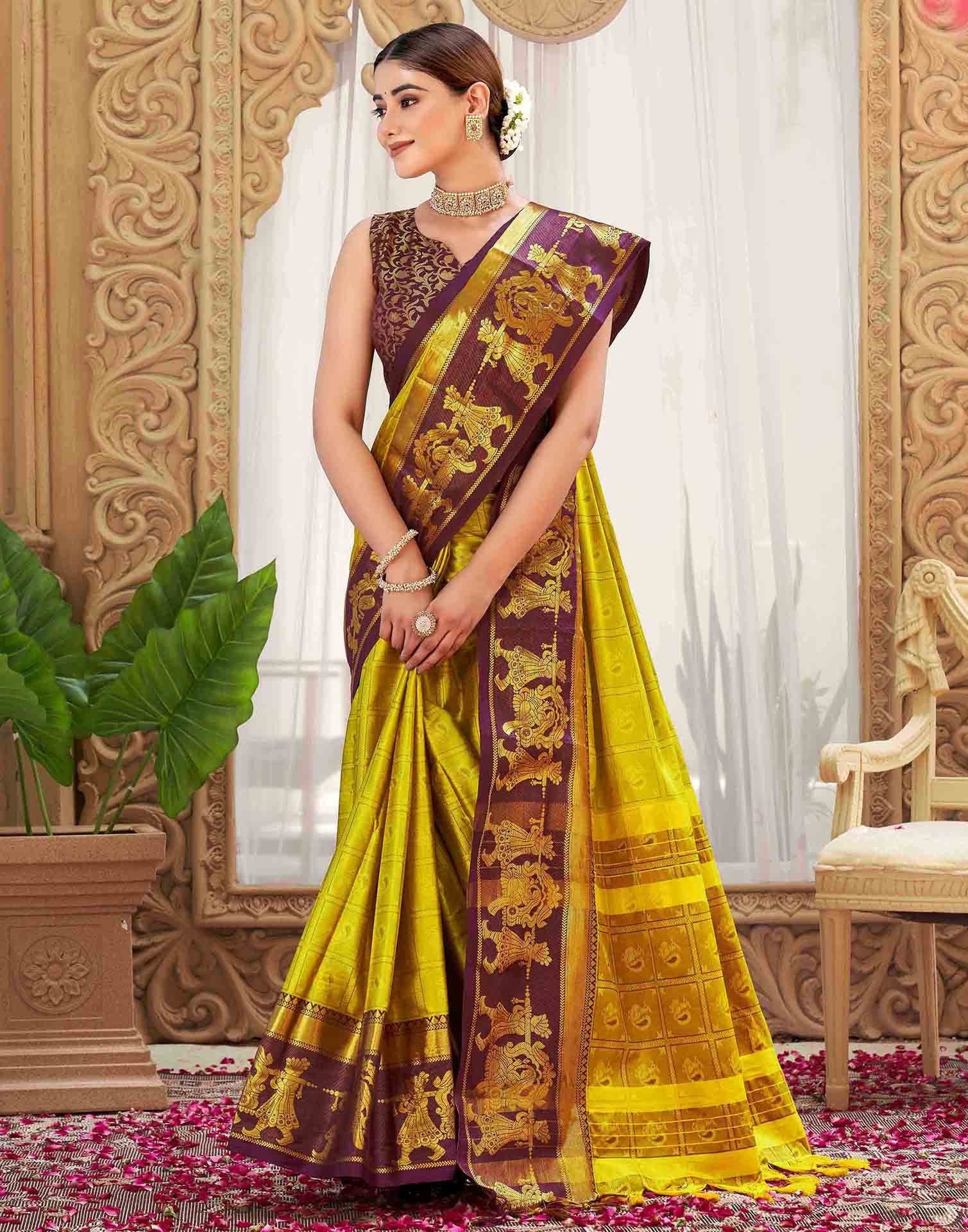 Mustard Silk Woven Kanjivaram Saree - Image 5