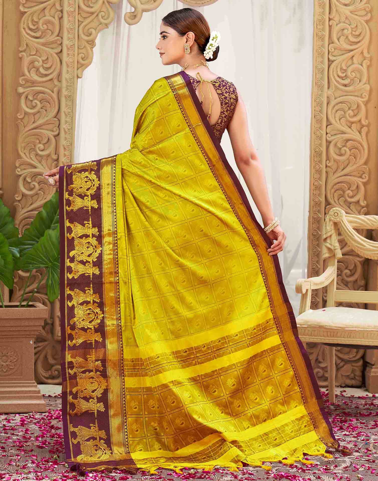 Mustard Silk Woven Kanjivaram Saree - Image 6