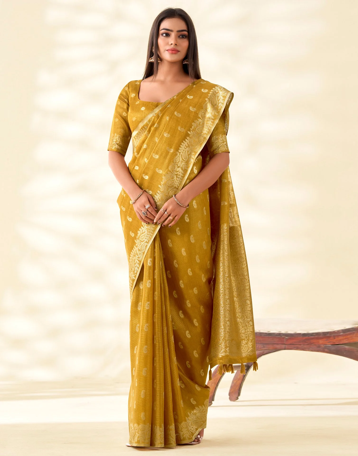 Mustard Yellow Tissue Linen Woven Saree - Image 5
