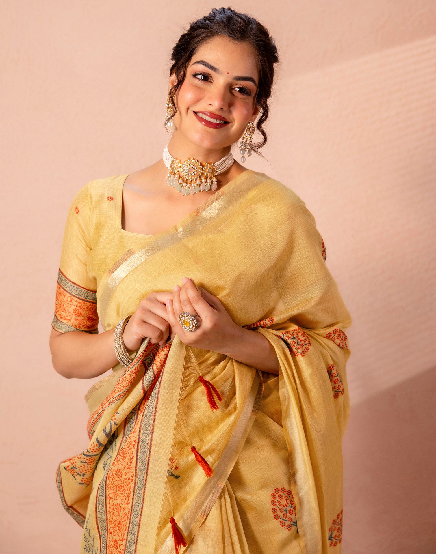 Mustard Yellow Chanderi Cotton Woven Saree - Image 2