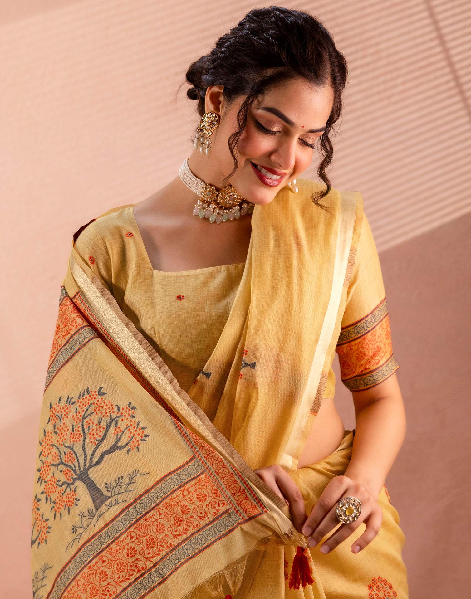 Mustard Yellow Chanderi Cotton Woven Saree - Image 4