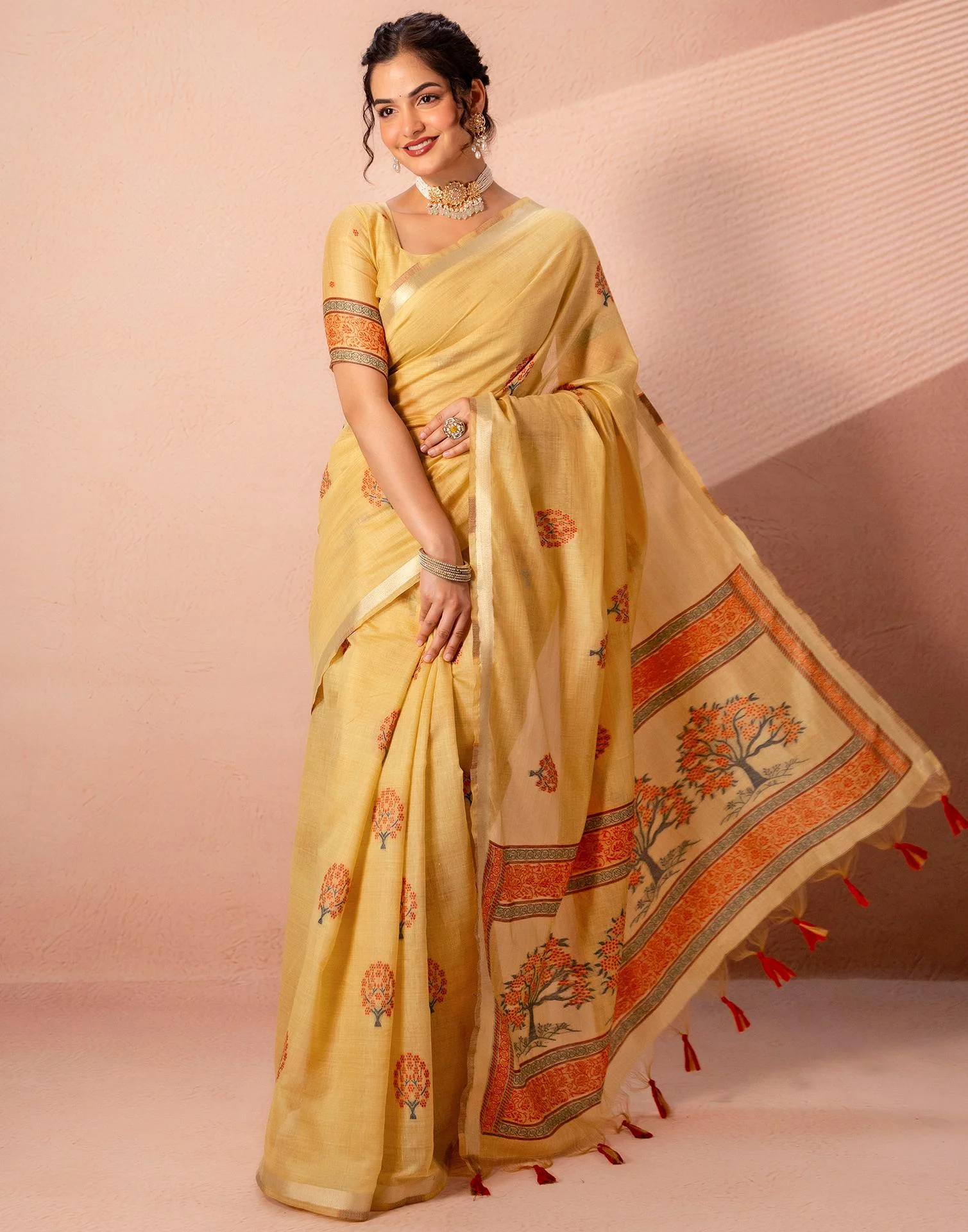 Mustard Yellow Chanderi Cotton Woven Saree - Image 7