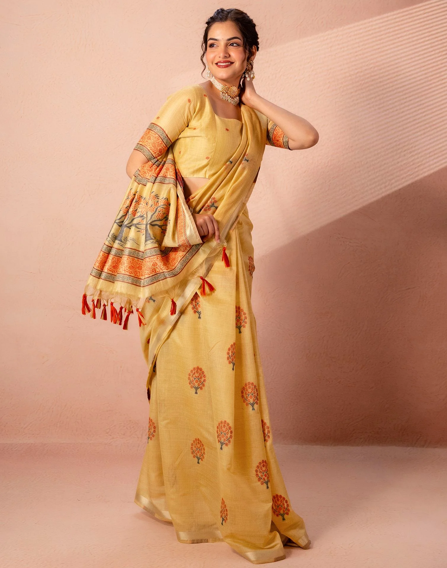 Mustard Yellow Chanderi Cotton Woven Saree - Image 9