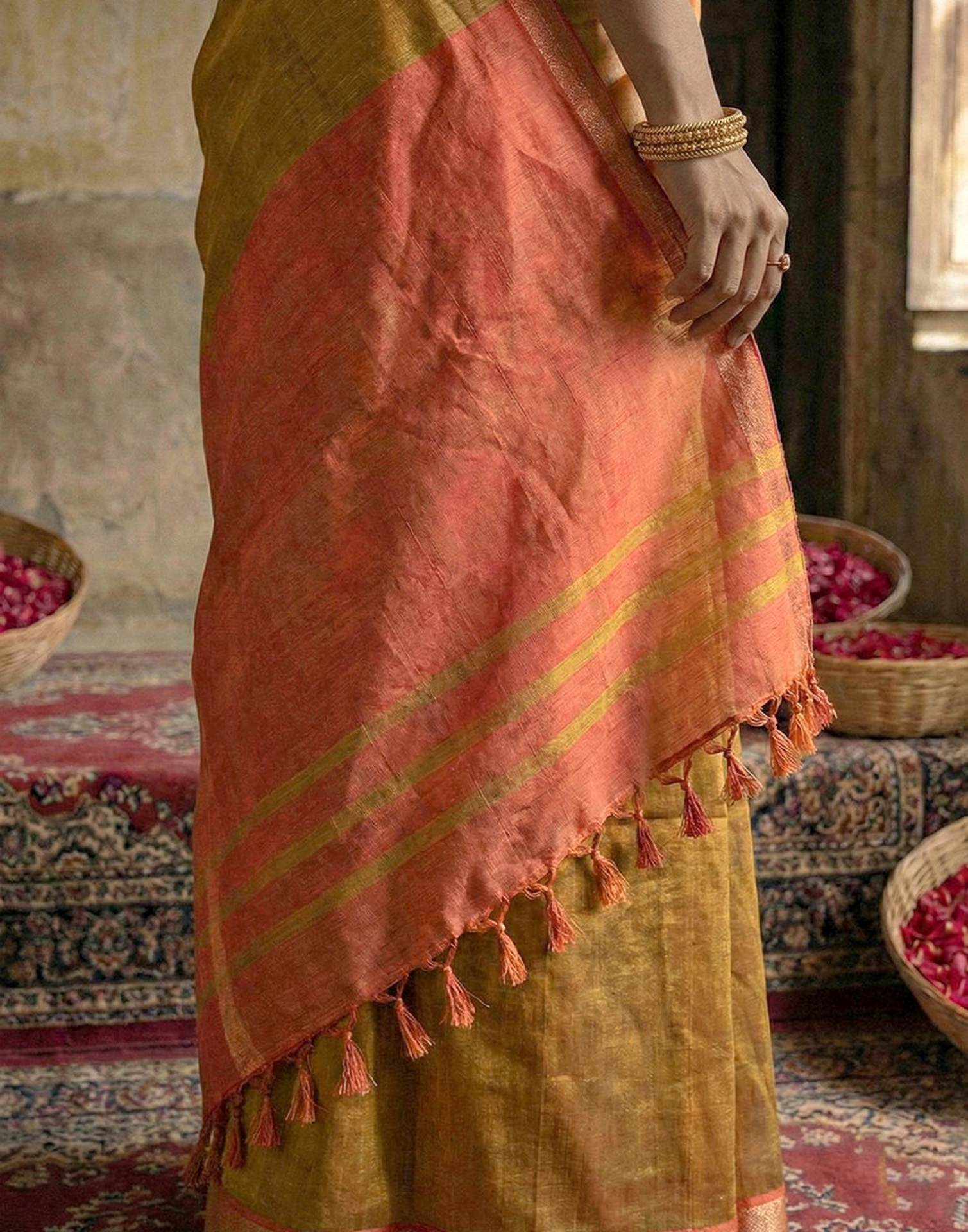 Mustard Yellow Chanderi Cotton Zari Border Woven Saree - Image 6