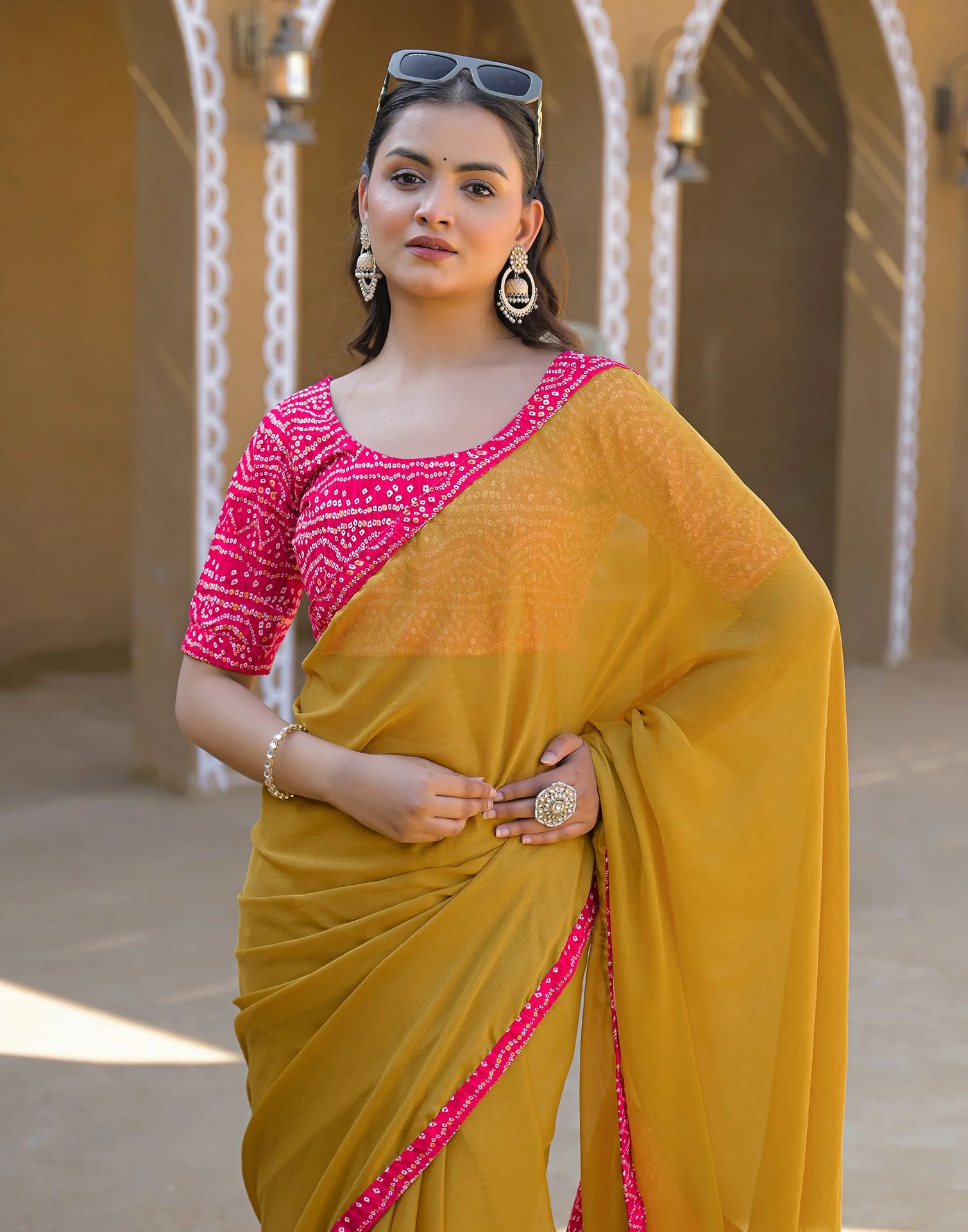 Mustard Yellow Chiffon Printed Lace Saree - Image 4