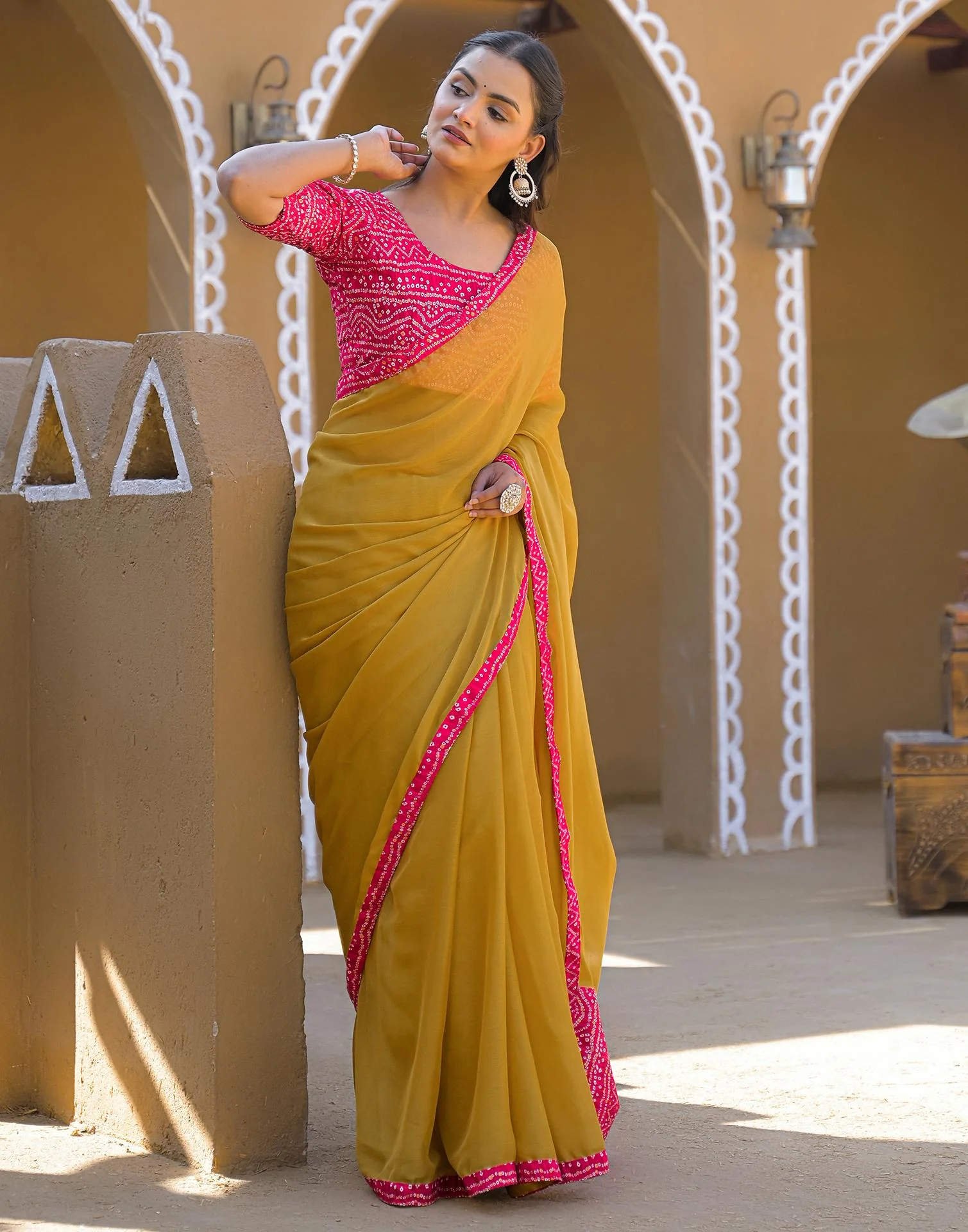 Mustard Yellow Chiffon Printed Lace Saree - Image 6