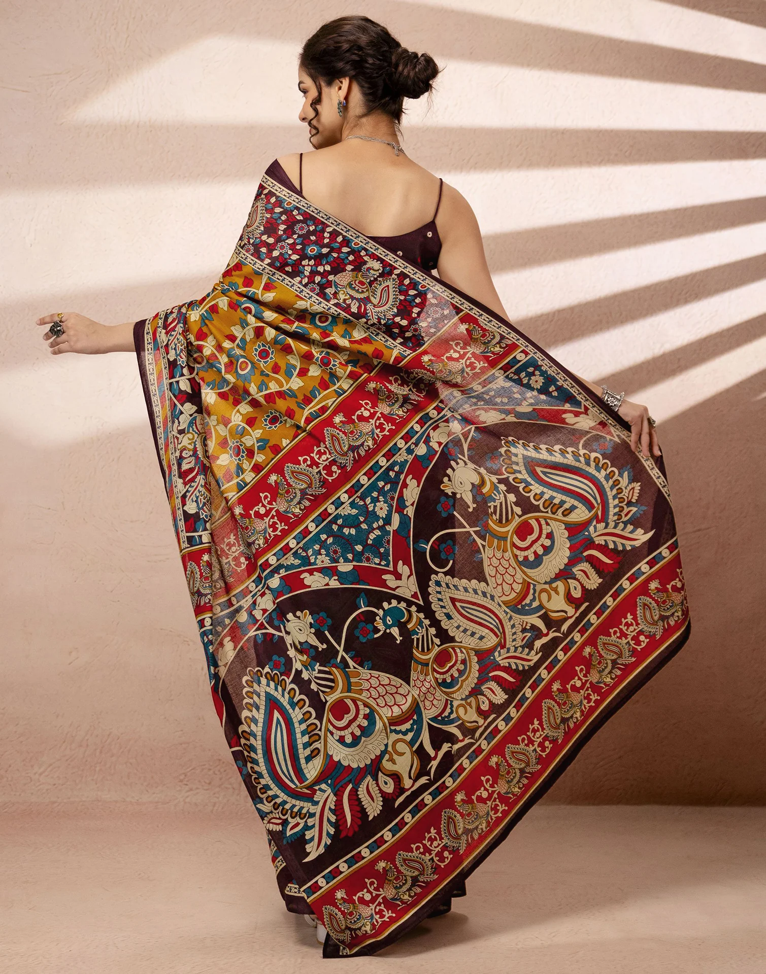 Mustard Yellow Cotton Printed Kalamkari Saree - Image 10