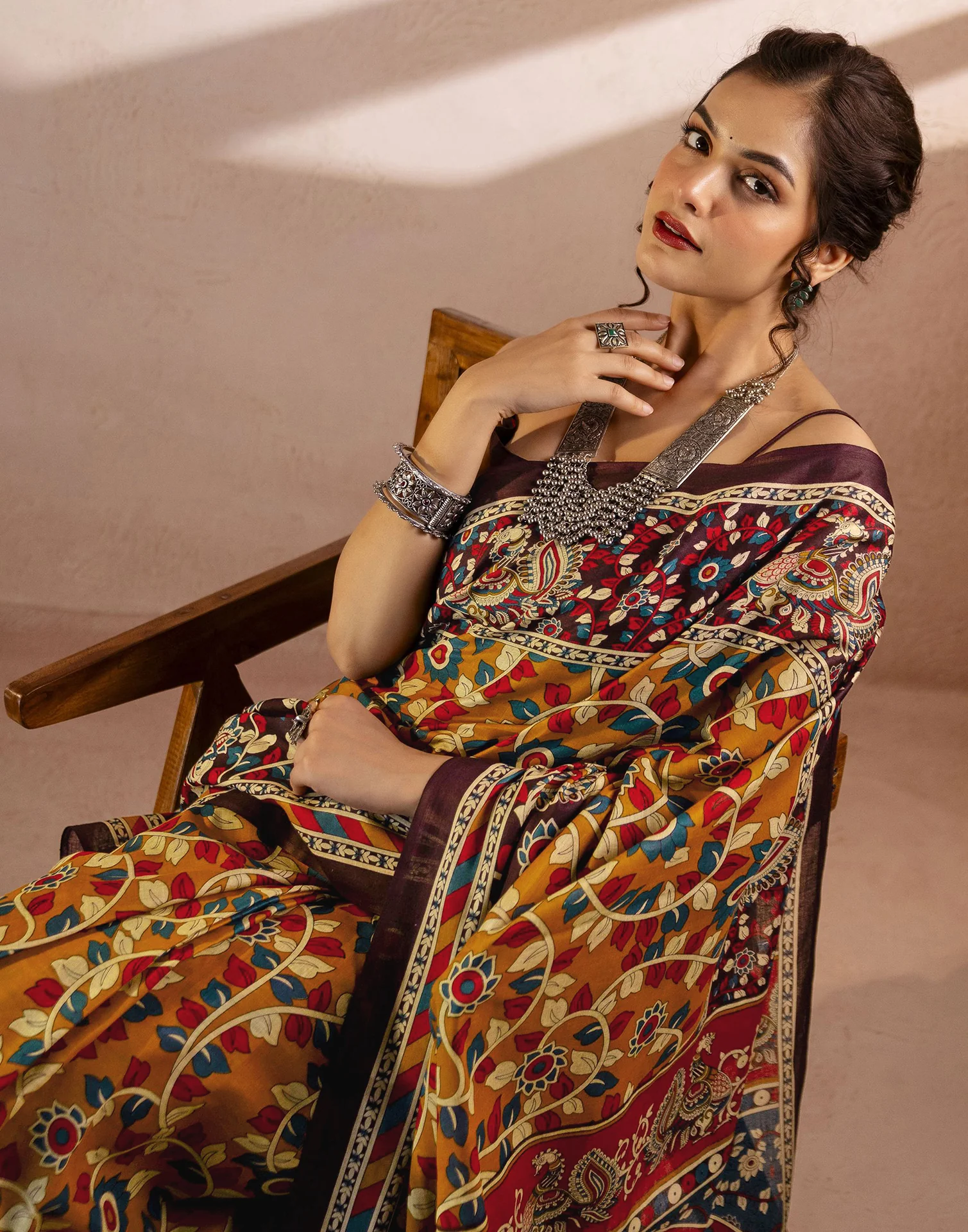 Mustard Yellow Cotton Printed Kalamkari Saree - Image 2