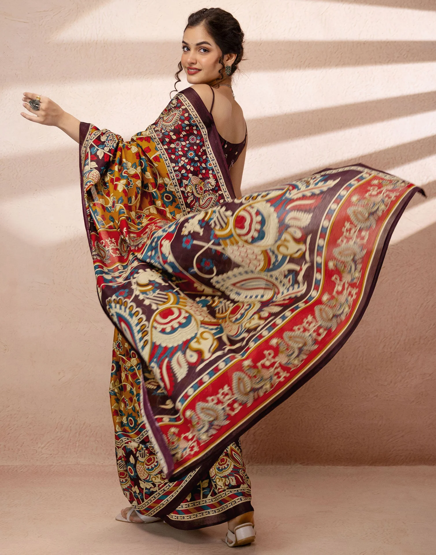 Mustard Yellow Cotton Printed Kalamkari Saree - Image 5