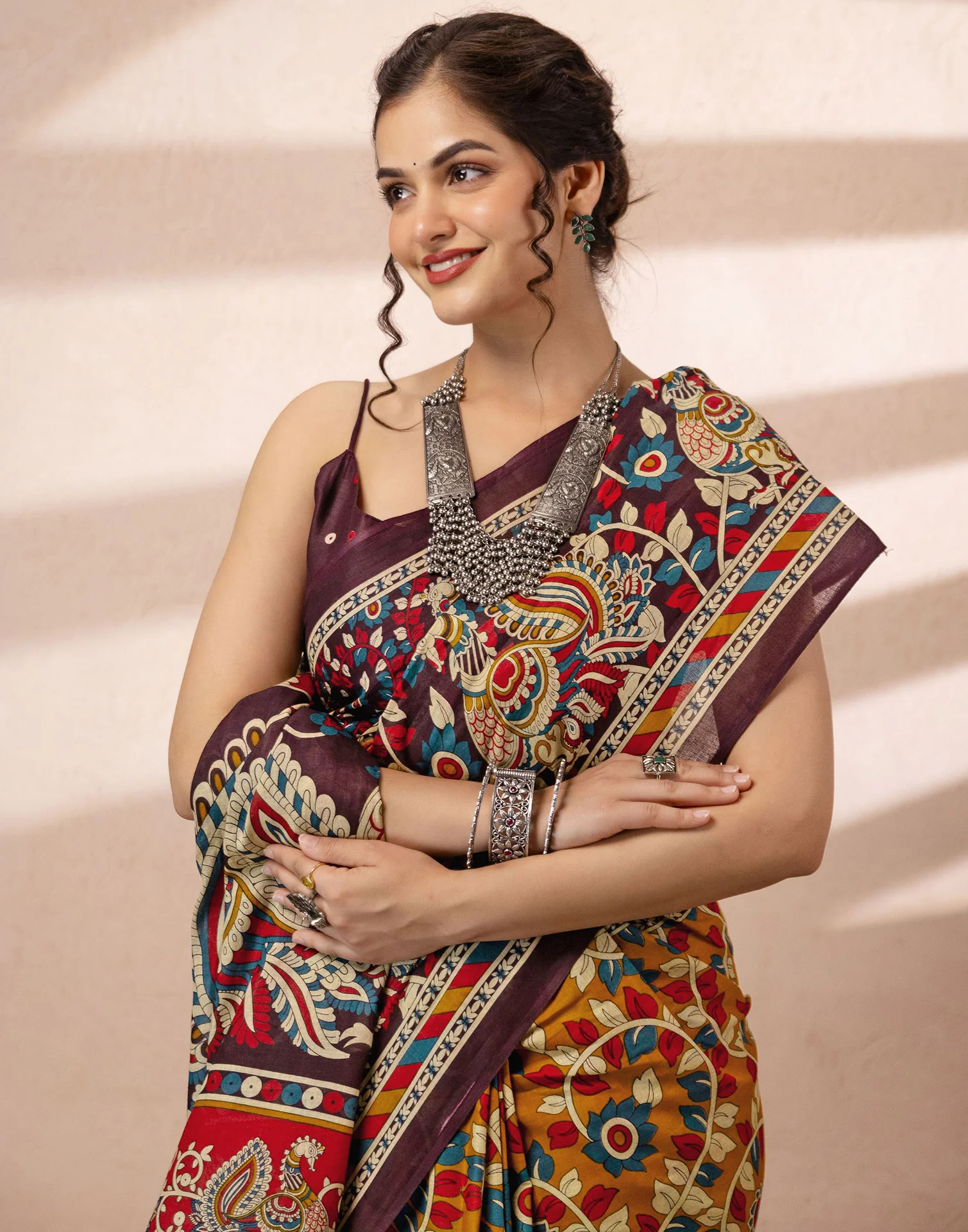 Mustard Yellow Cotton Printed Kalamkari Saree - Image 8
