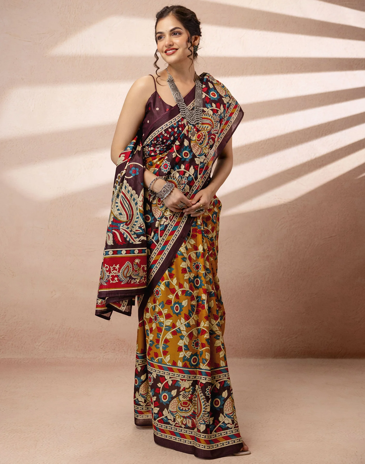 Mustard Yellow Cotton Printed Kalamkari Saree - Image 9