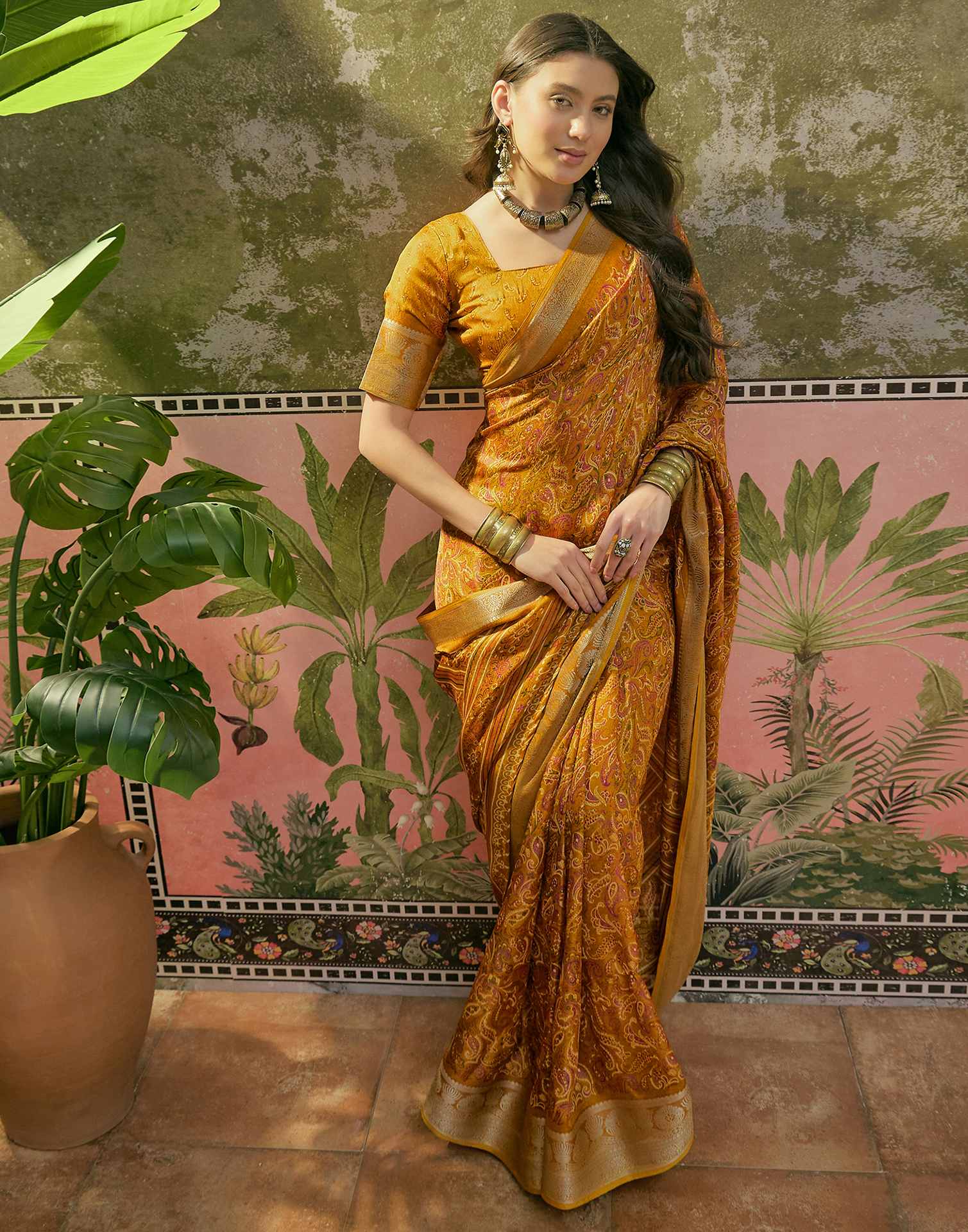 Mustard Yellow Georgette Printed Saree - Image 6