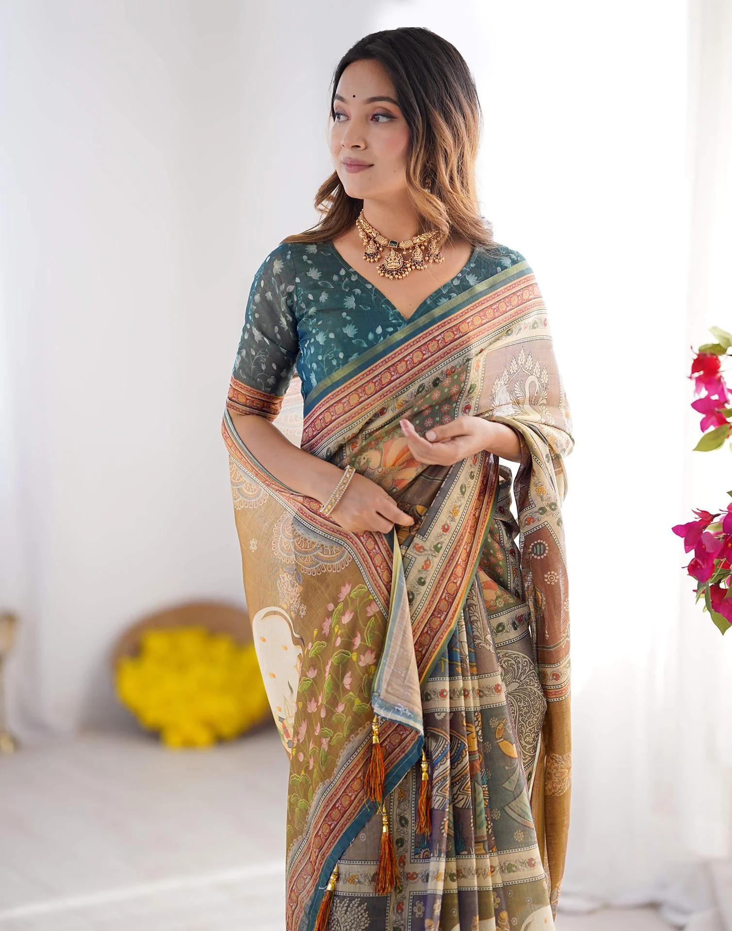 Brown Linen Printed Saree - Image 6