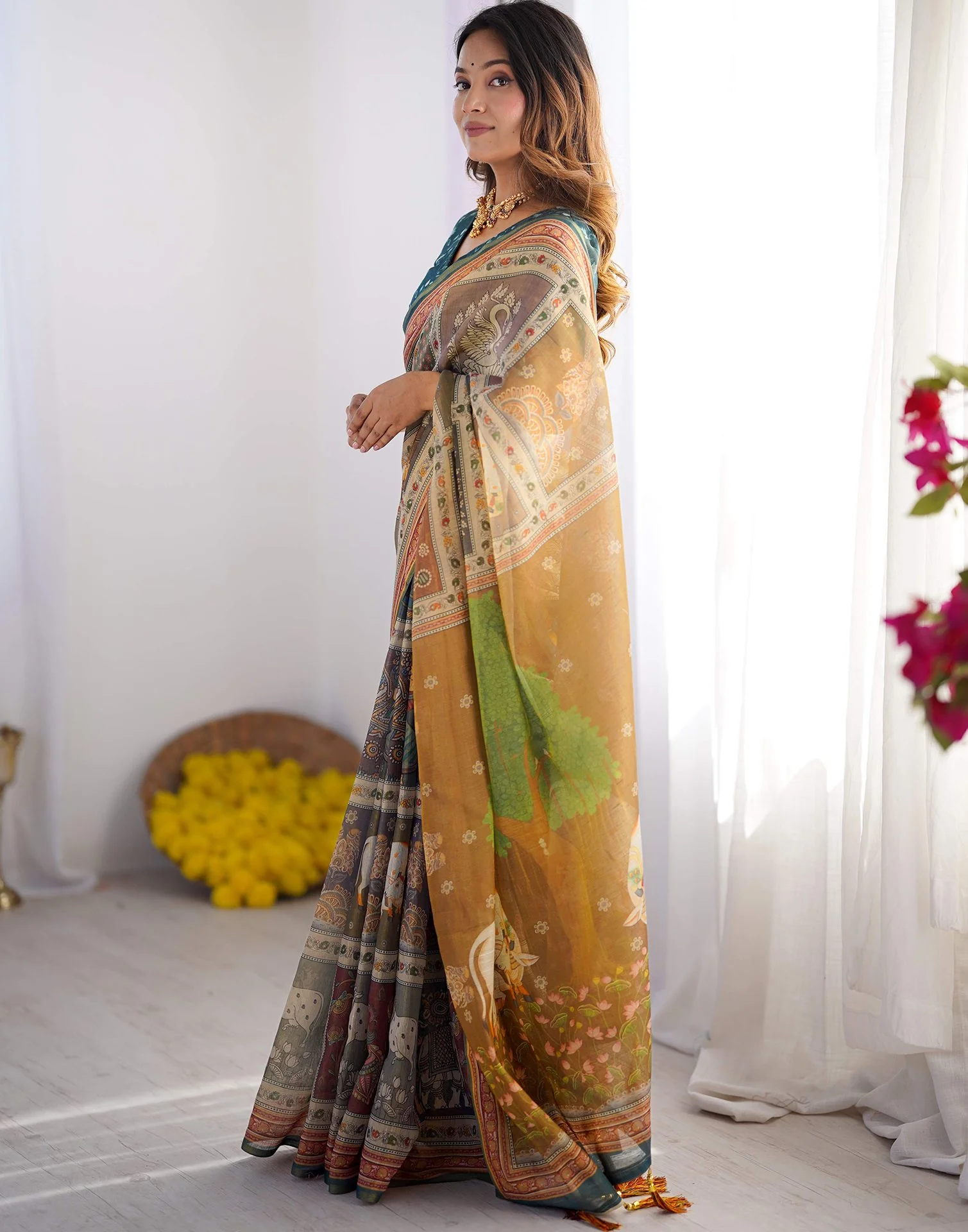 Brown Linen Printed Saree - Image 7