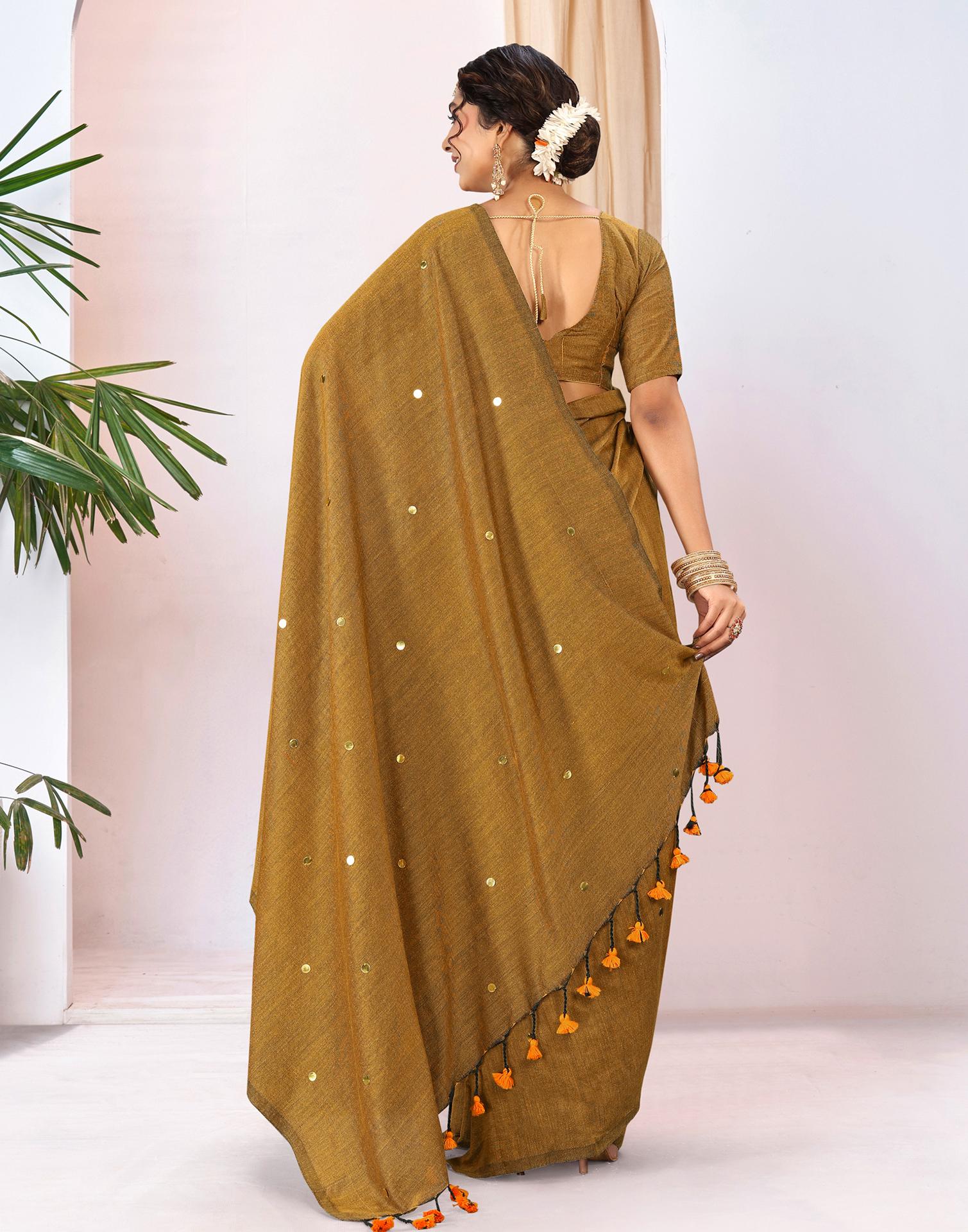 Khaki Linen Sequence Saree - Image 6