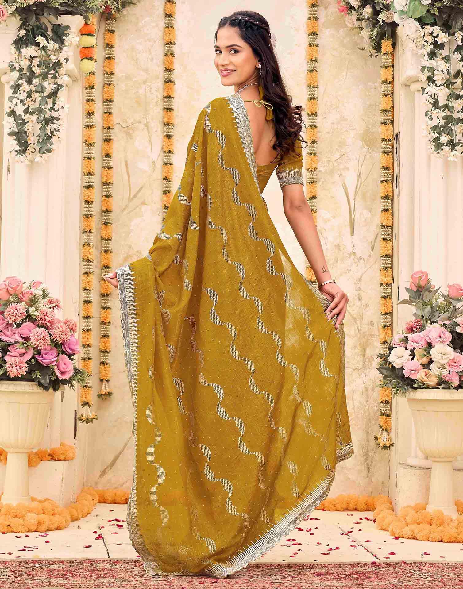 Mustard Yellow Shimmer Embroidery Embellished Saree - Image 4