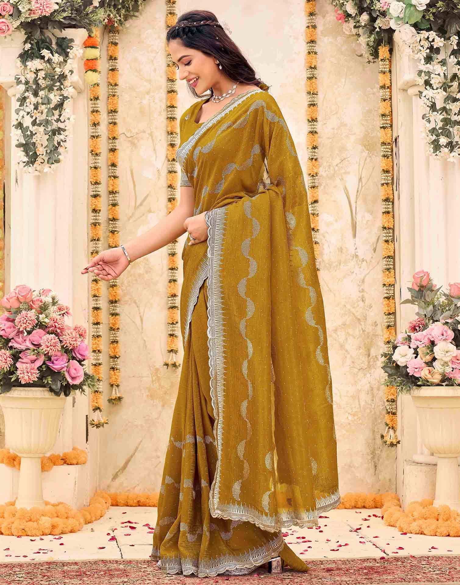 Mustard Yellow Shimmer Embroidery Embellished Saree - Image 5