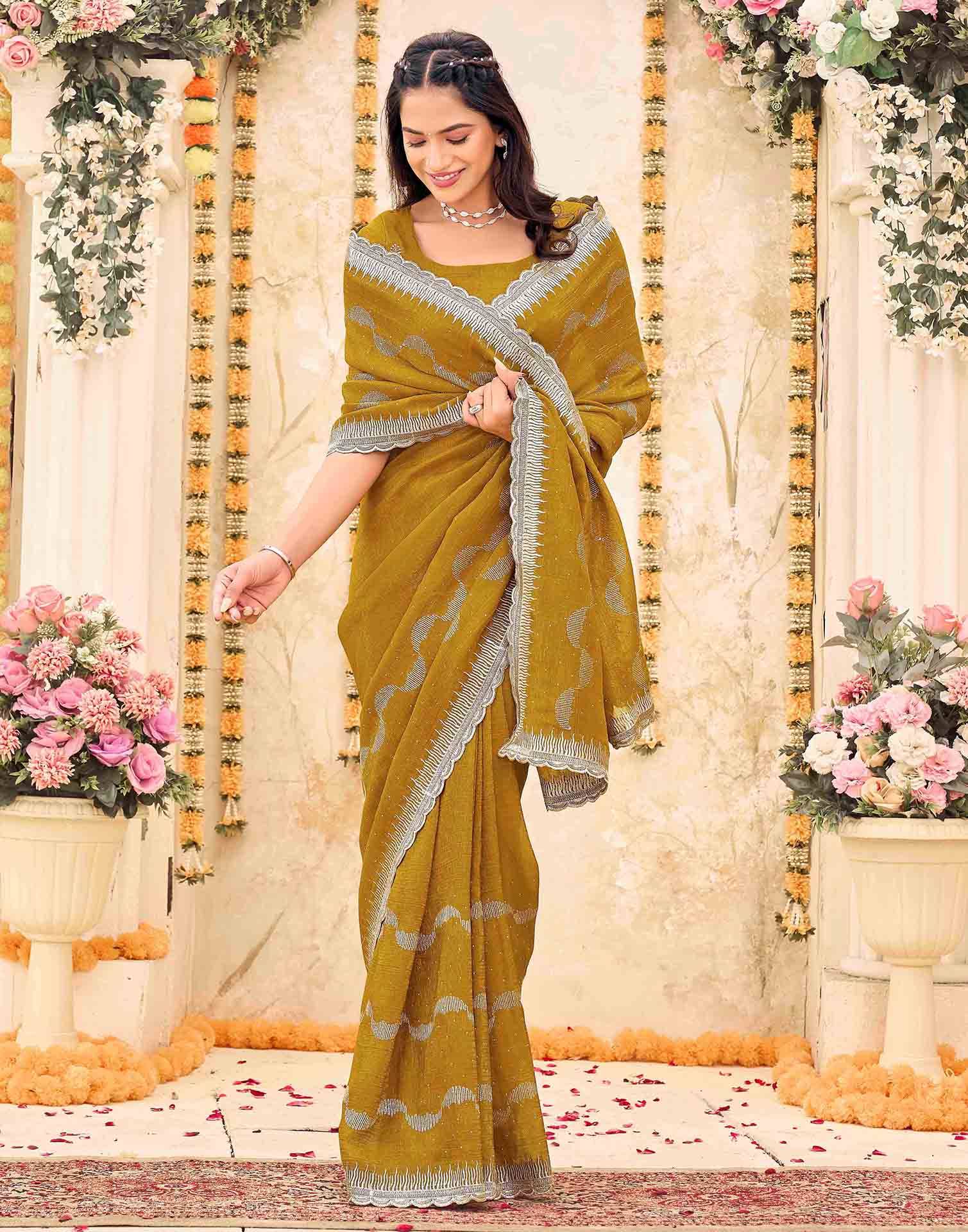 Mustard Yellow Shimmer Embroidery Embellished Saree - Image 6
