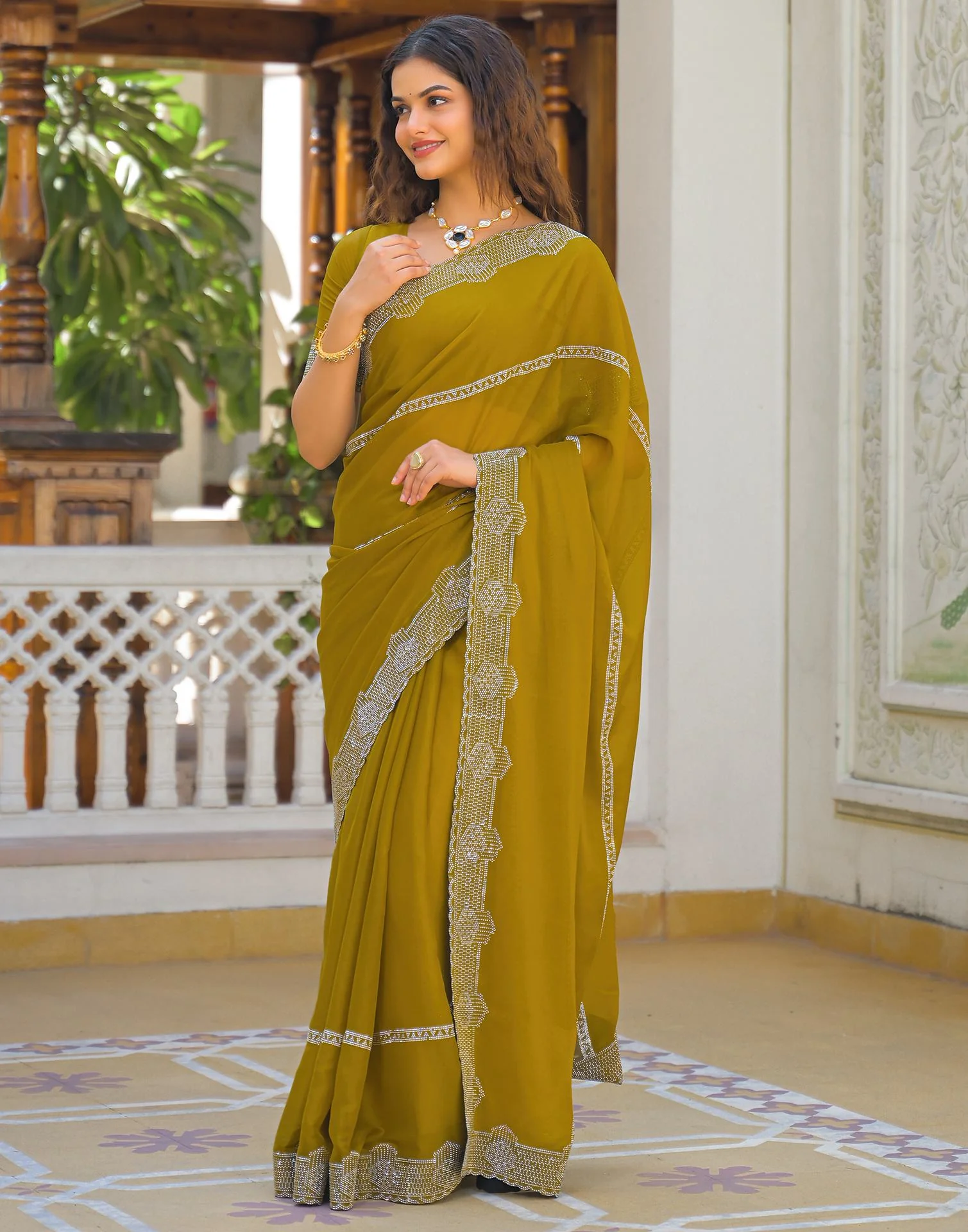 Mustard Yellow Shimmer Stone Work Embellished Saree - Image 4
