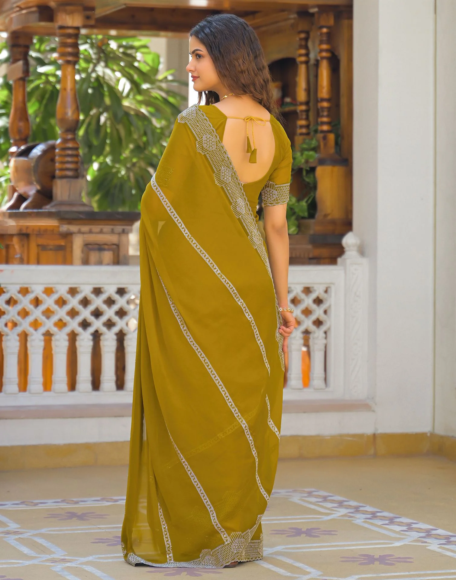 Mustard Yellow Shimmer Stone Work Embellished Saree - Image 6