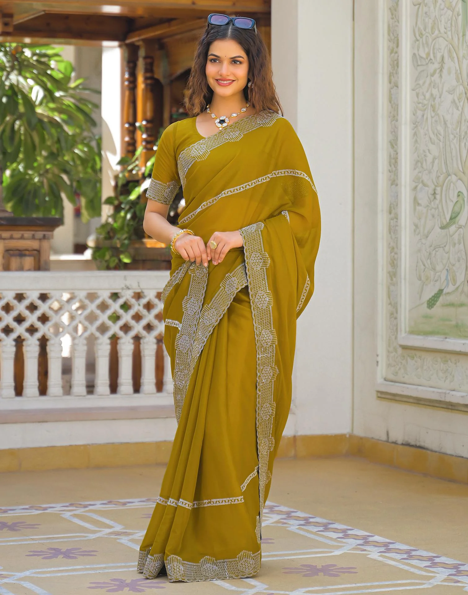 Mustard Yellow Shimmer Stone Work Embellished Saree - Image 7