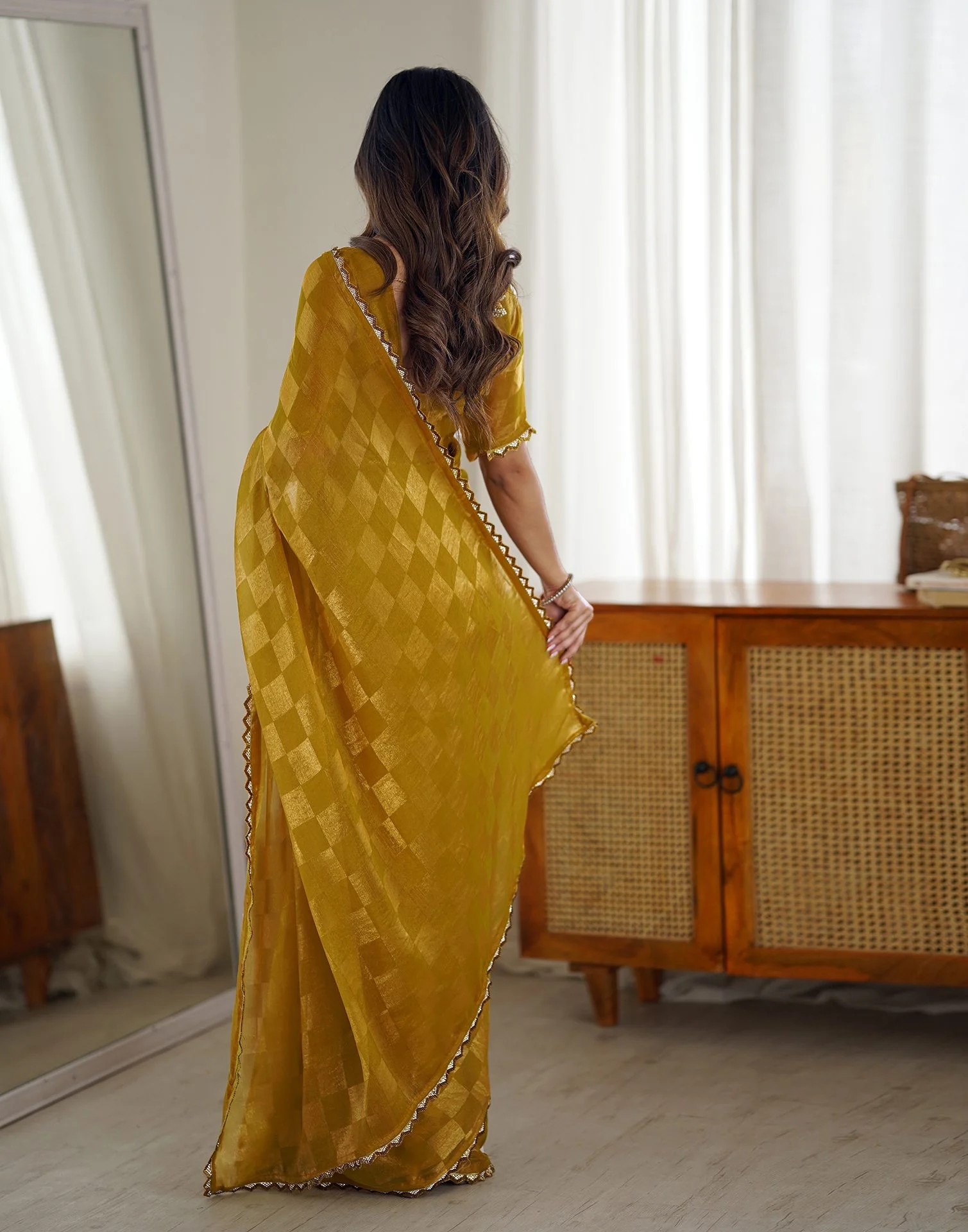 Mustard Yellow Shimmer Woven Saree - Image 6