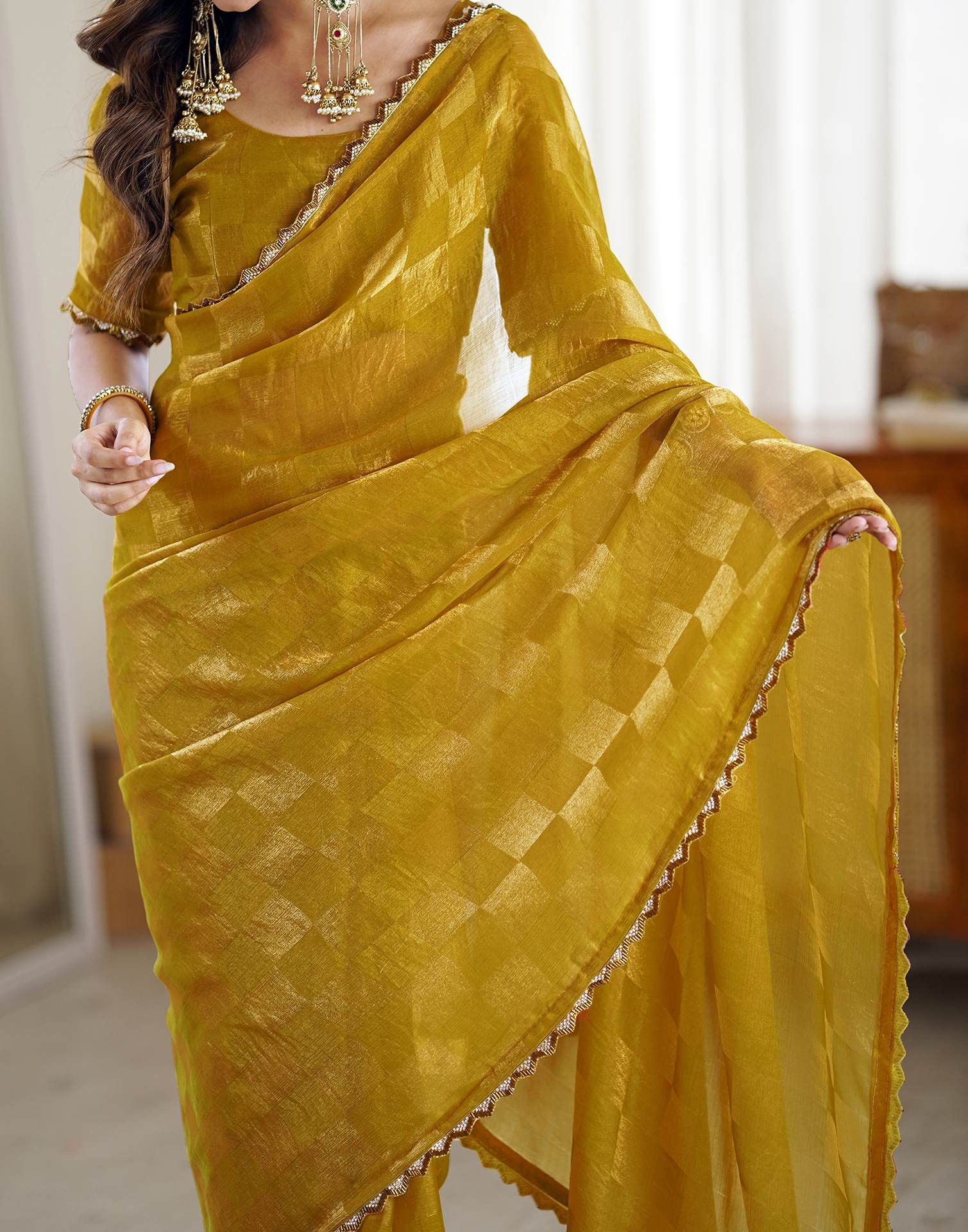 Mustard Yellow Shimmer Woven Saree - Image 8