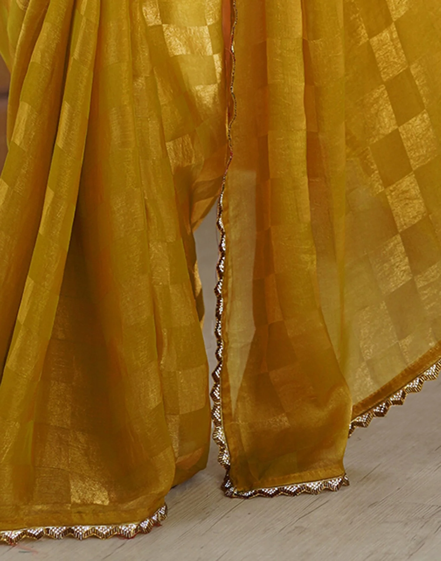 Mustard Yellow Shimmer Woven Saree - Image 9