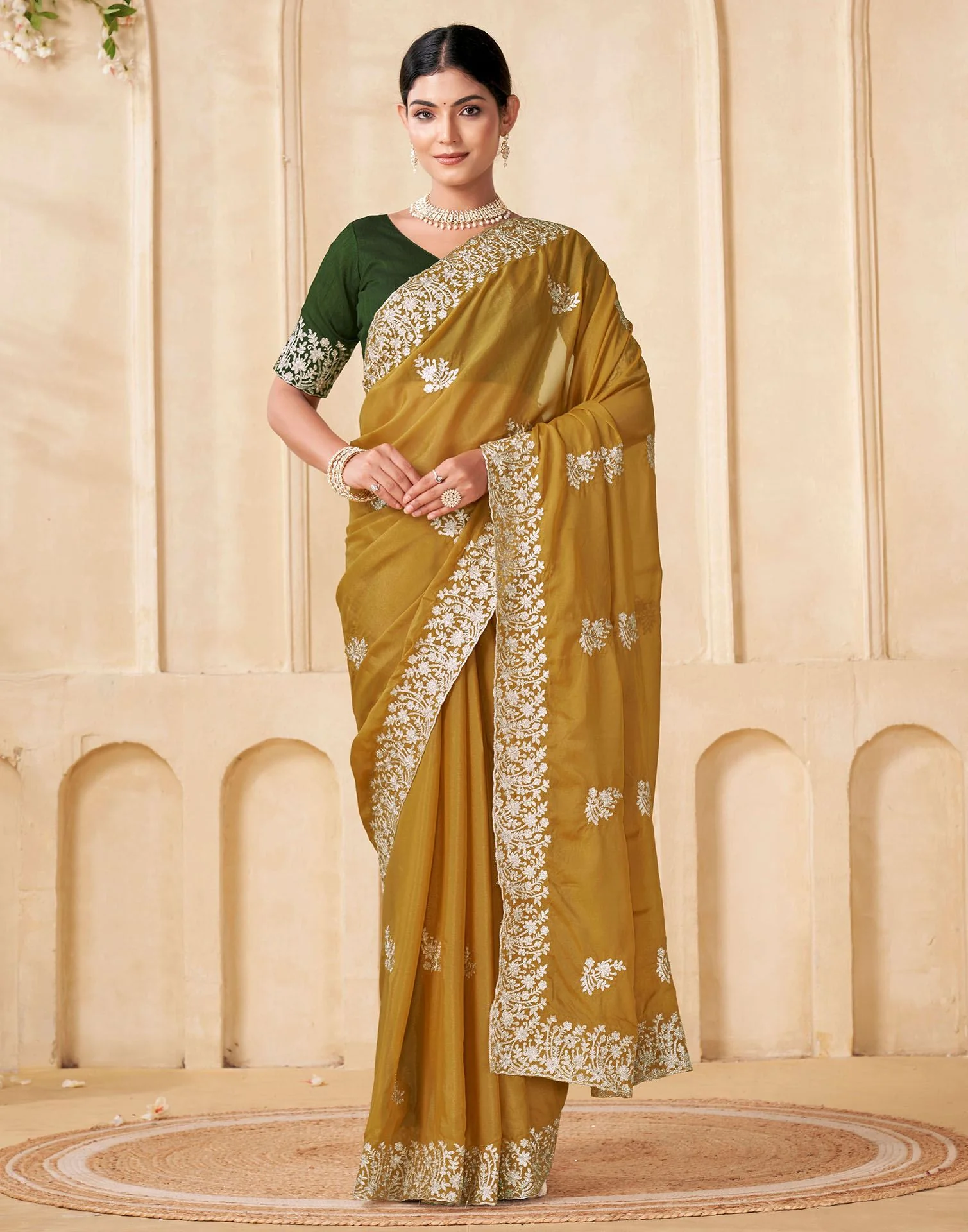 Mustard Green Silk Embroidery Saree - Image 2