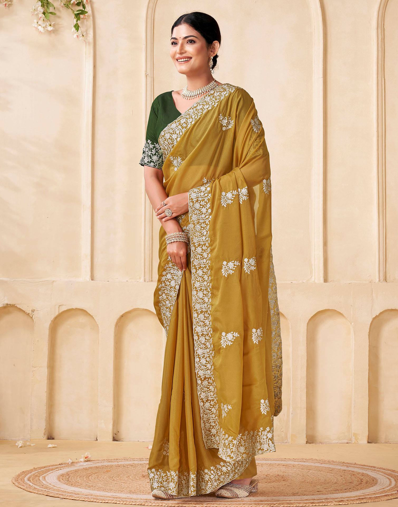 Mustard Green Silk Embroidery Saree - Image 4