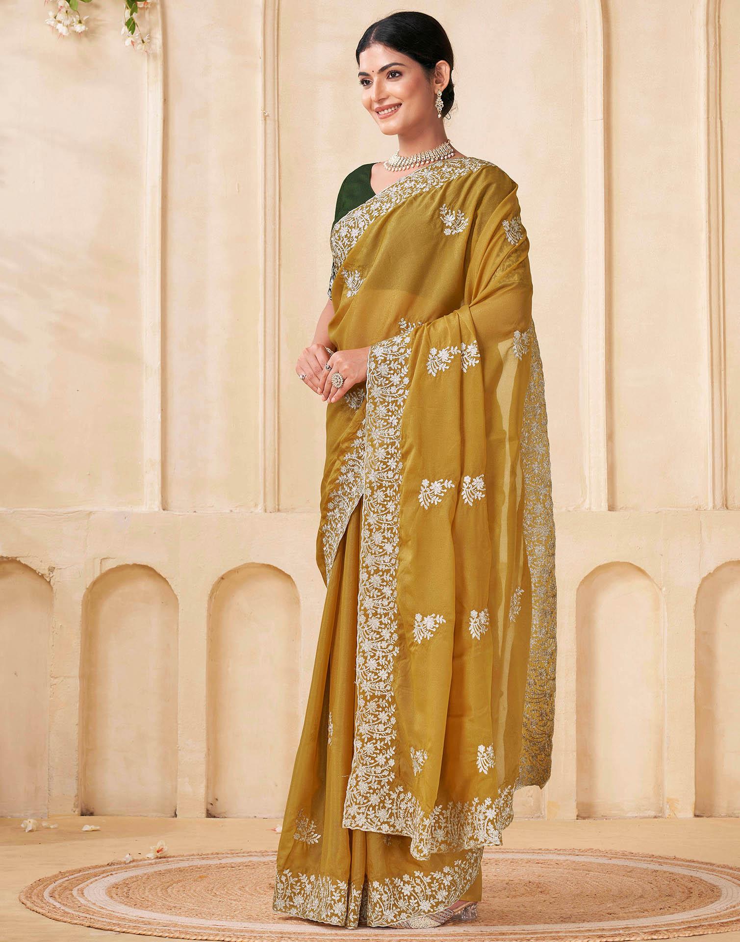 Mustard Green Silk Embroidery Saree - Image 5