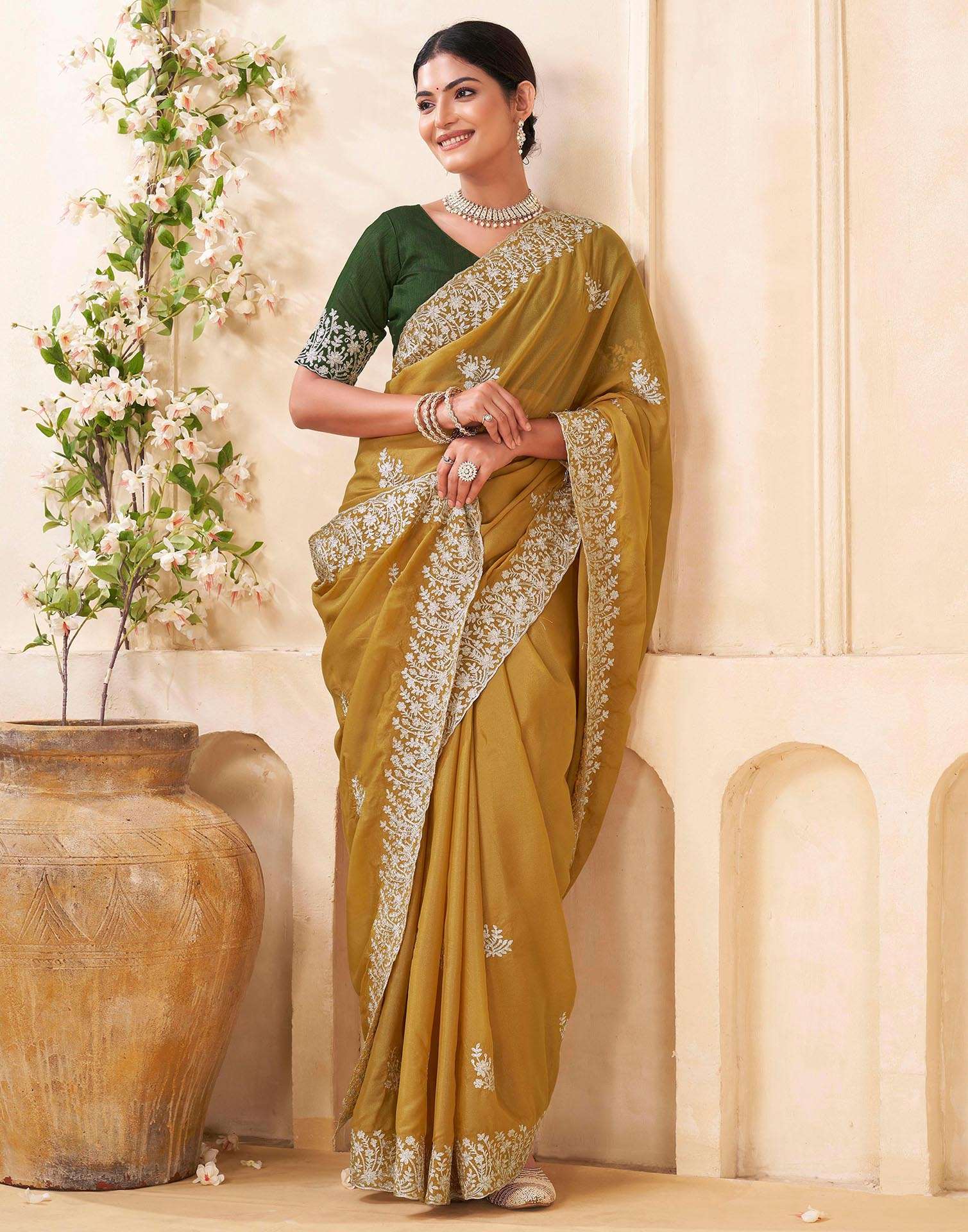 Mustard Green Silk Embroidery Saree - Image 7