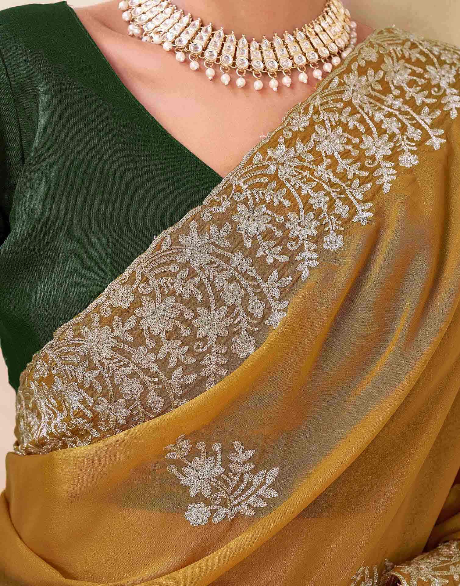 Mustard Green Silk Embroidery Saree - Image 9