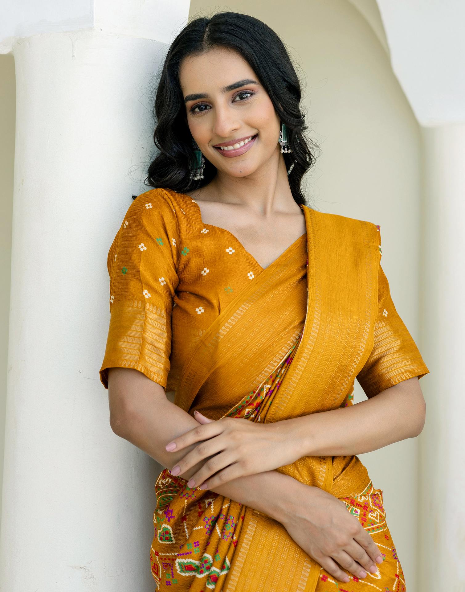 Mustard Yellow Silk Printed Patola Saree - Image 4