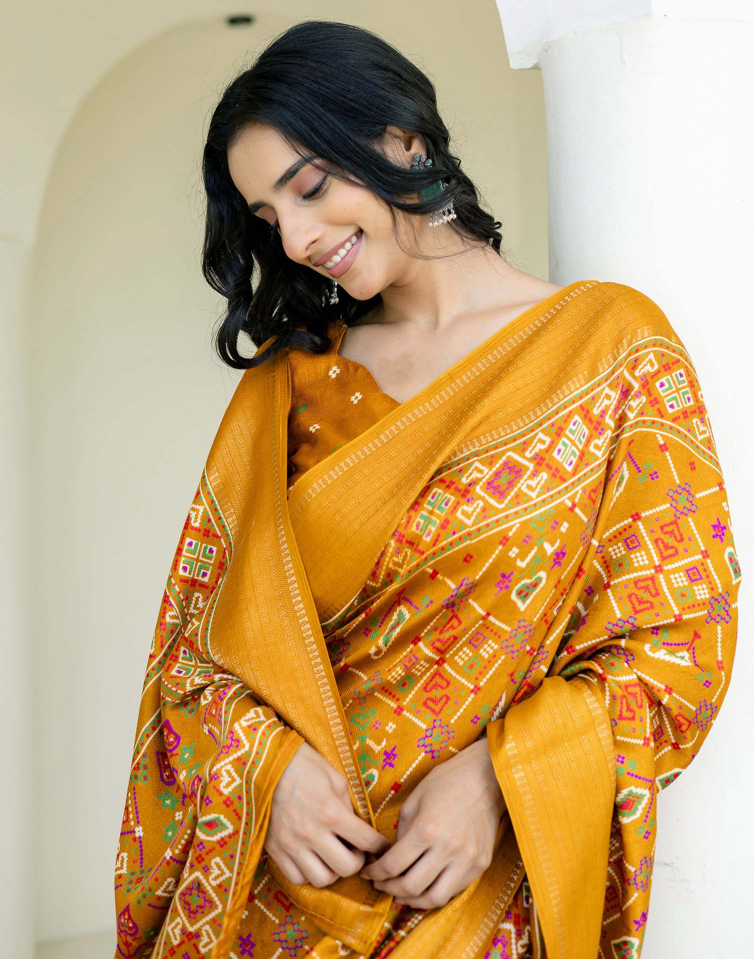 Mustard Yellow Silk Printed Patola Saree - Image 5