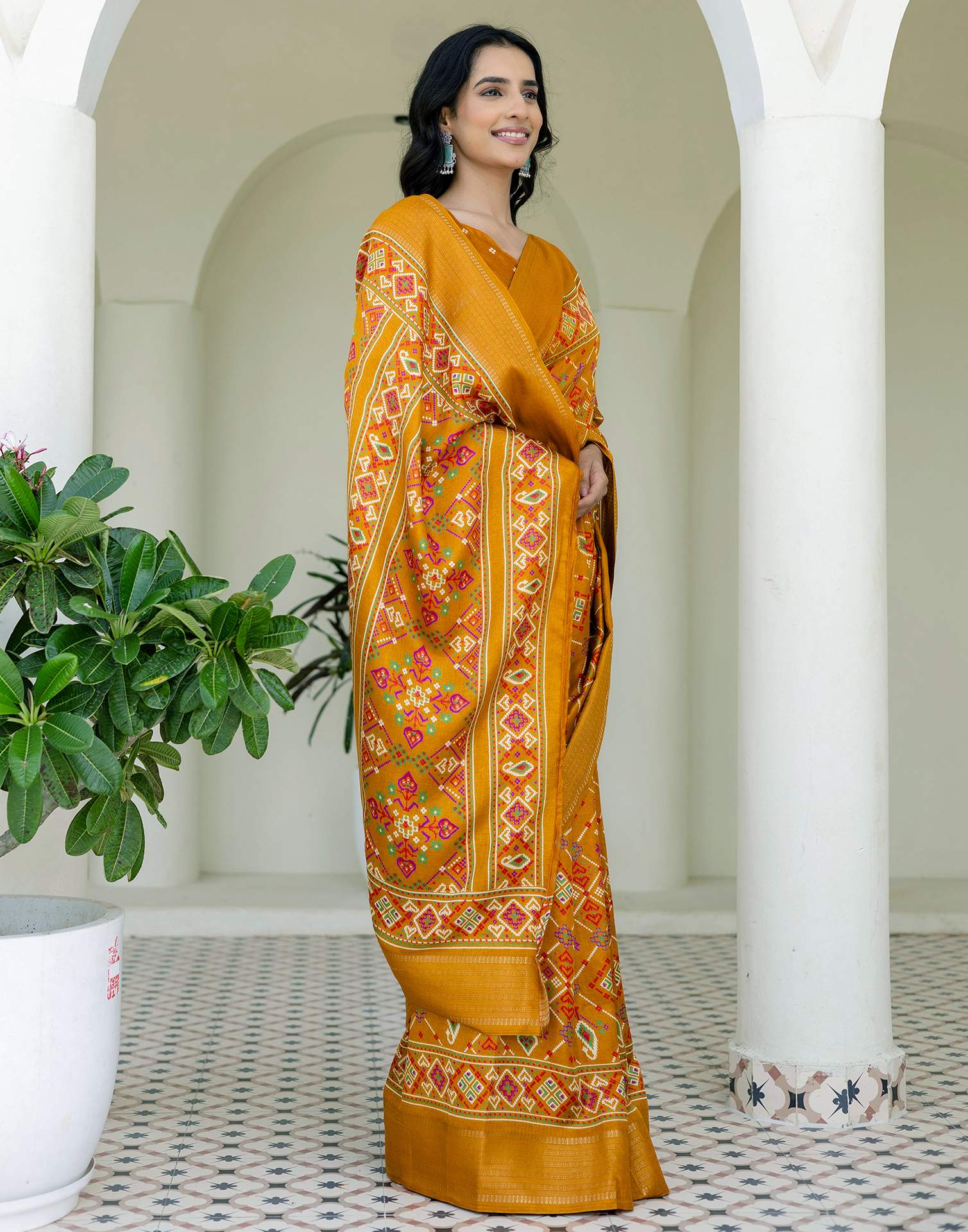 Mustard Yellow Silk Printed Patola Saree - Image 6