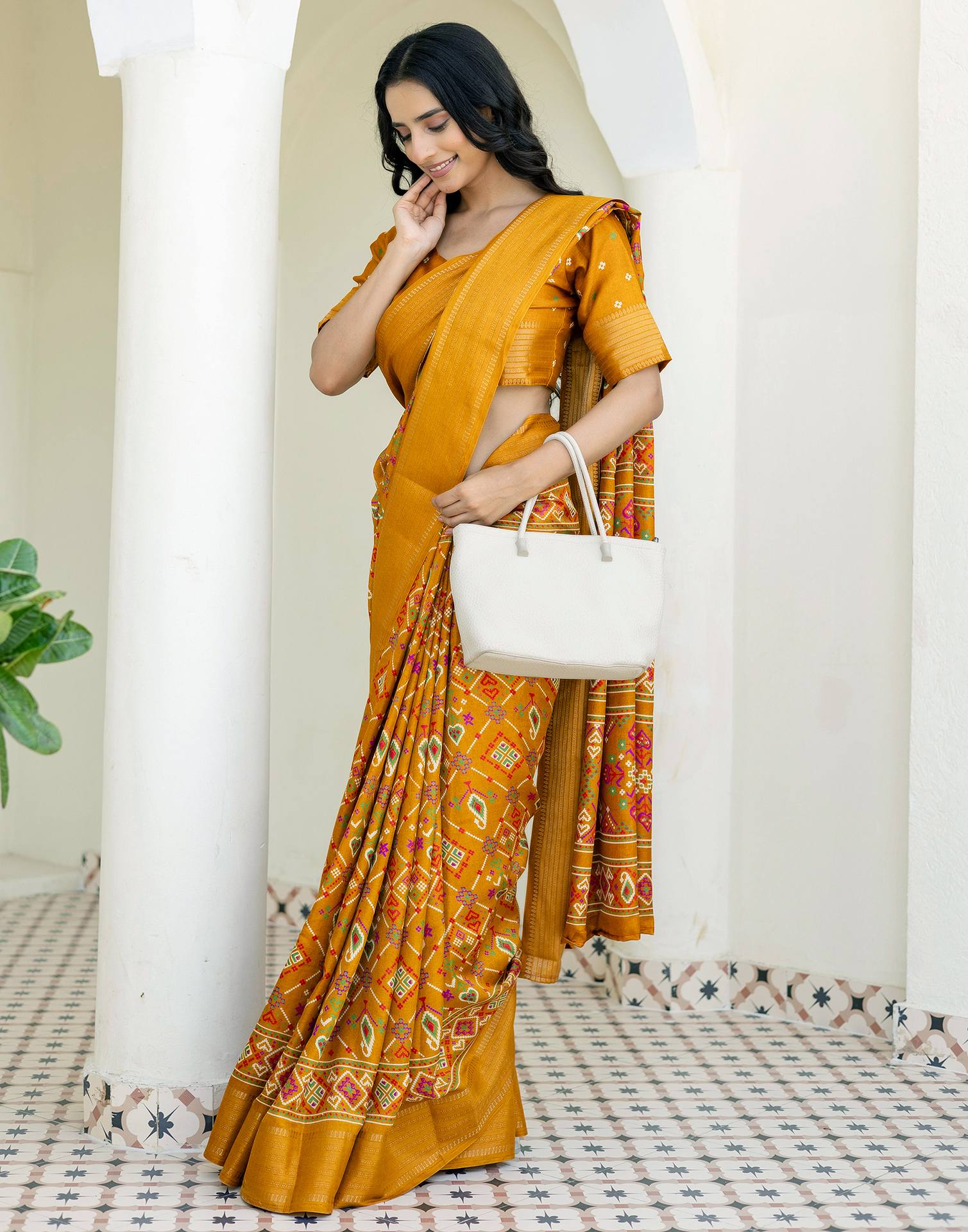 Mustard Yellow Silk Printed Patola Saree - Image 7
