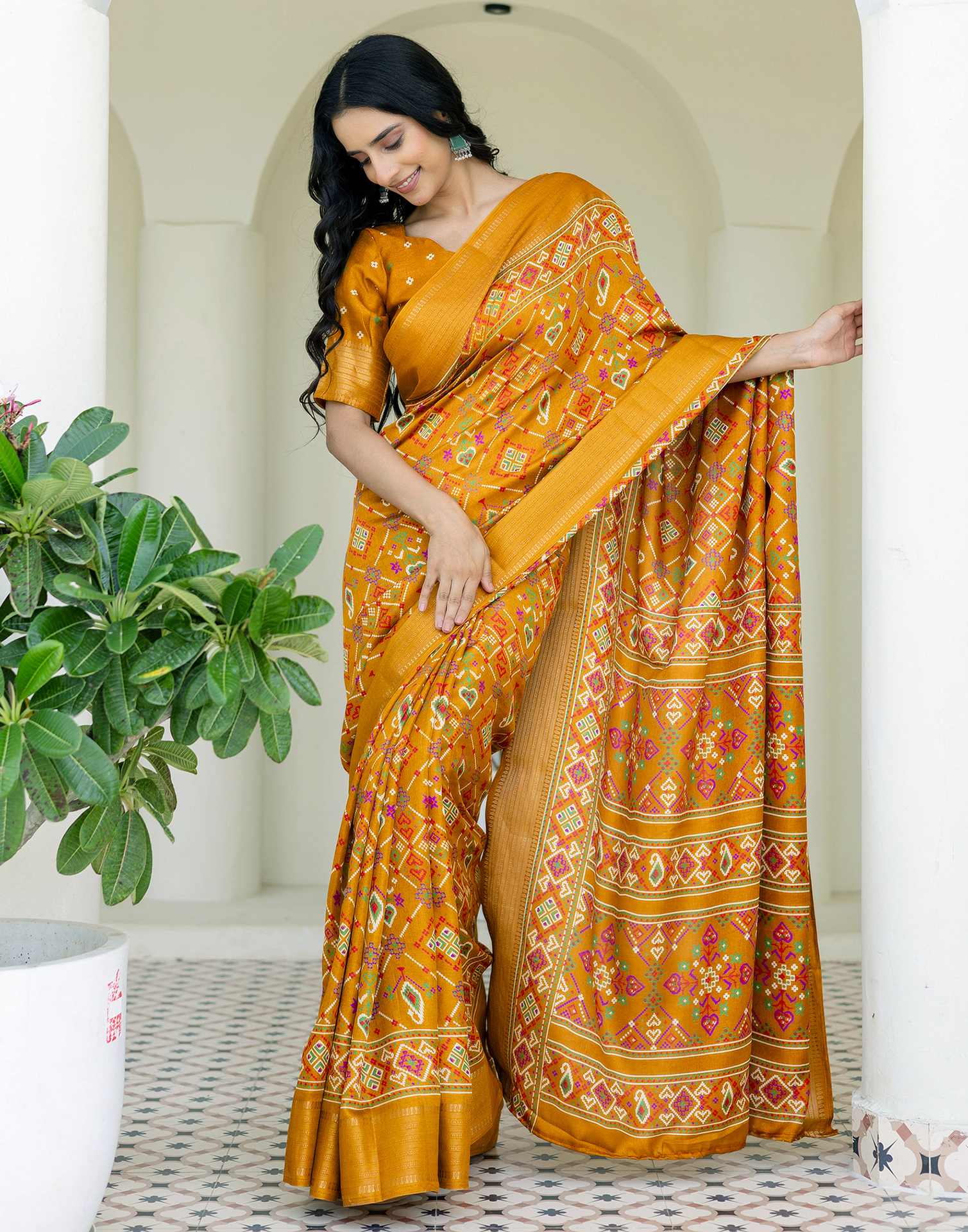 Mustard Yellow Silk Printed Patola Saree - Image 9