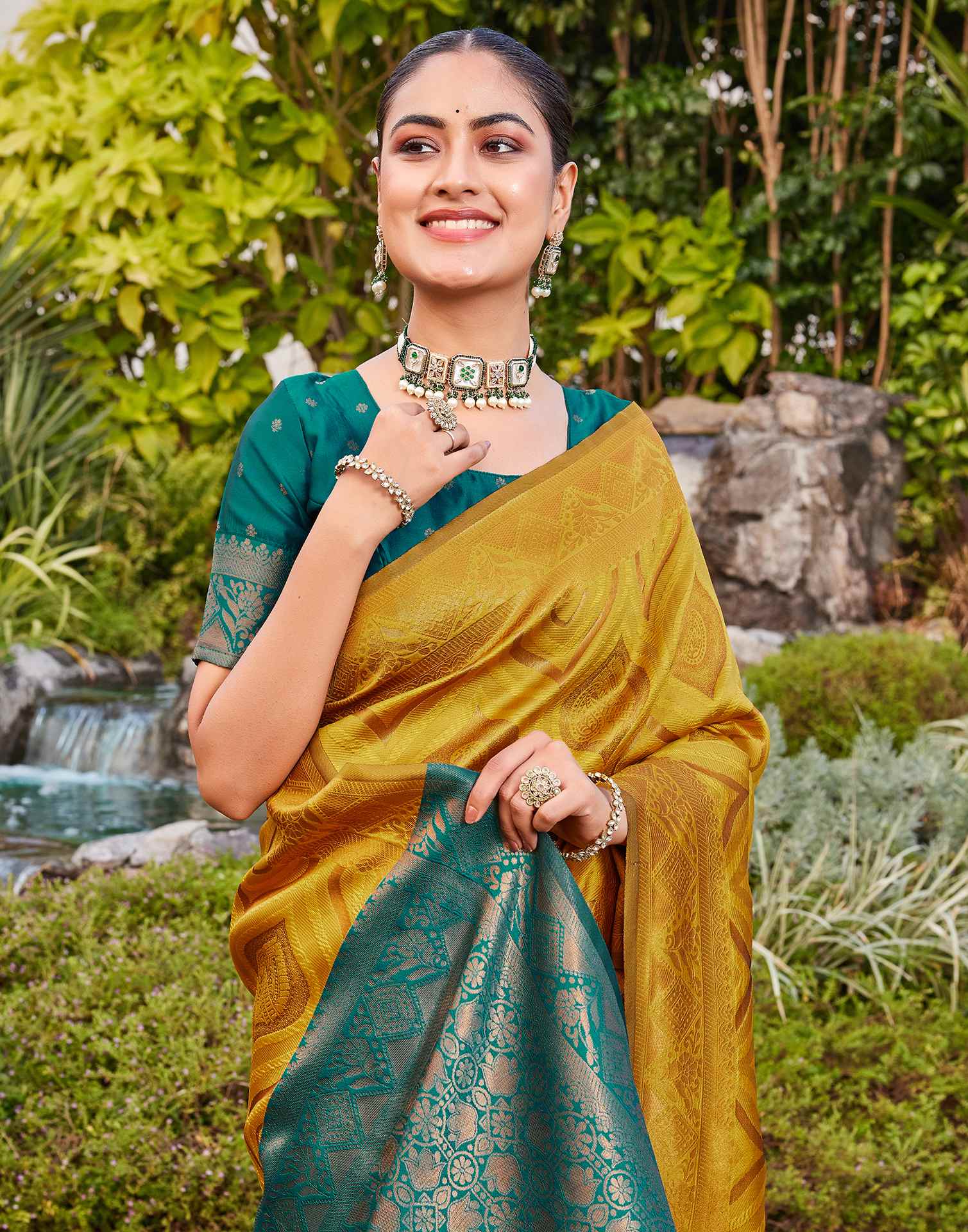 Mustard Yellow Silk Woven Baluchari Saree - Image 4