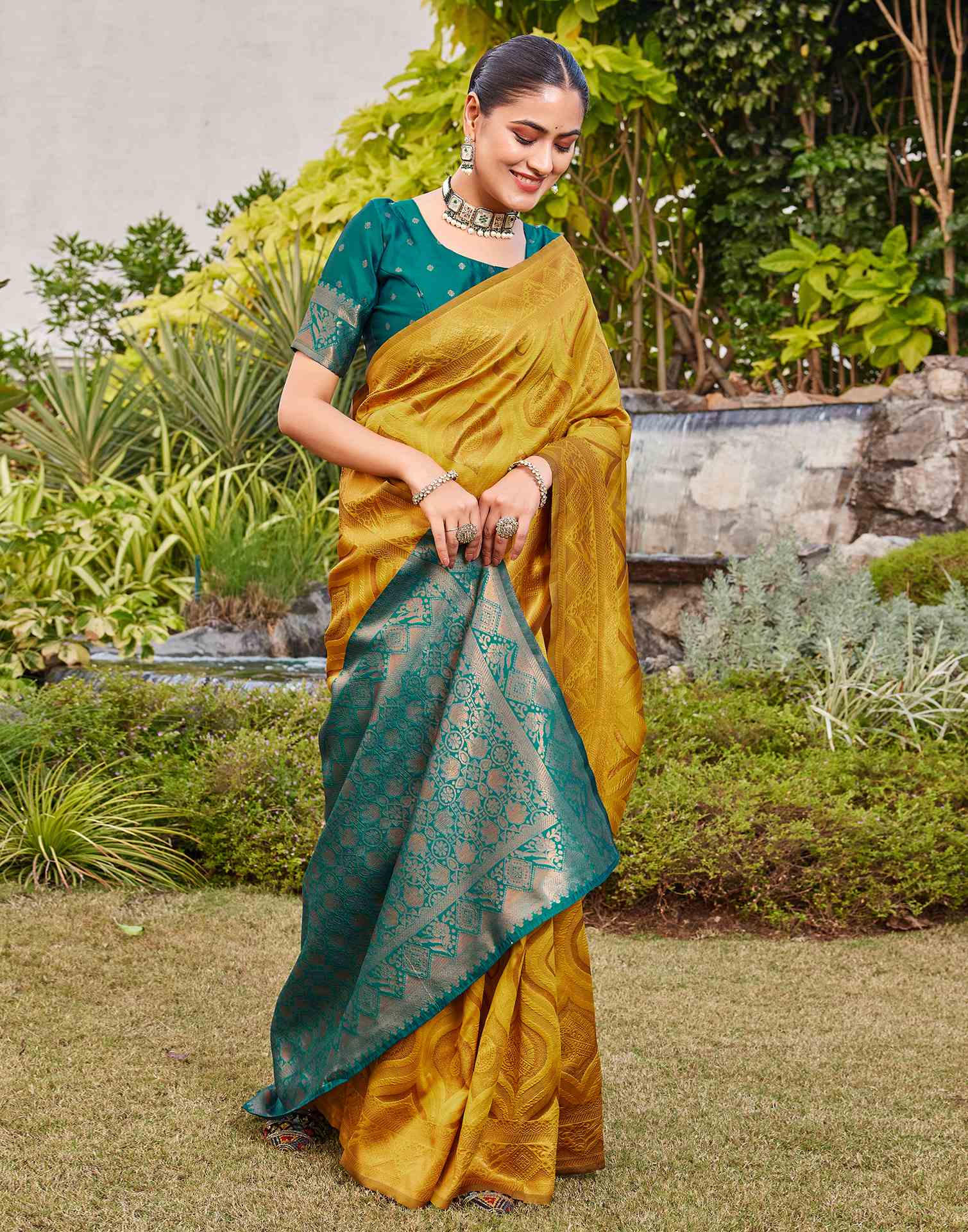 Mustard Yellow Silk Woven Baluchari Saree - Image 6