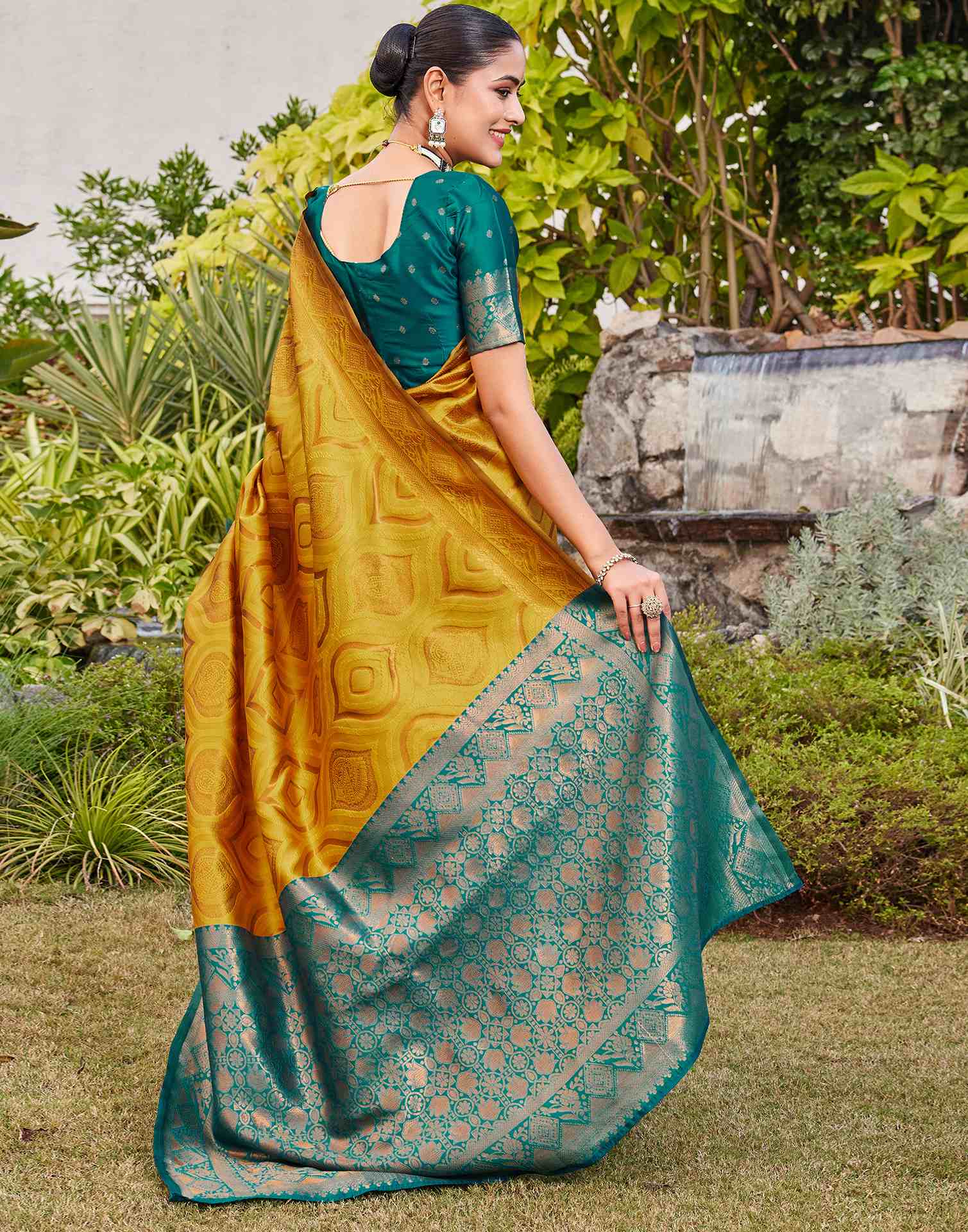 Mustard Yellow Silk Woven Baluchari Saree - Image 7