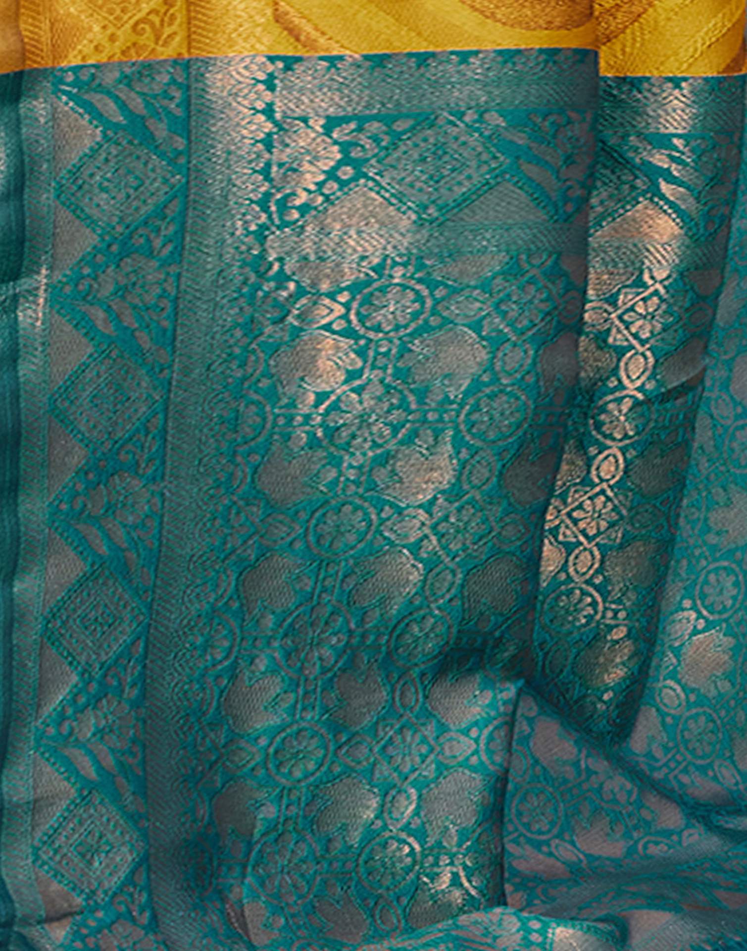 Mustard Yellow Silk Woven Baluchari Saree - Image 9
