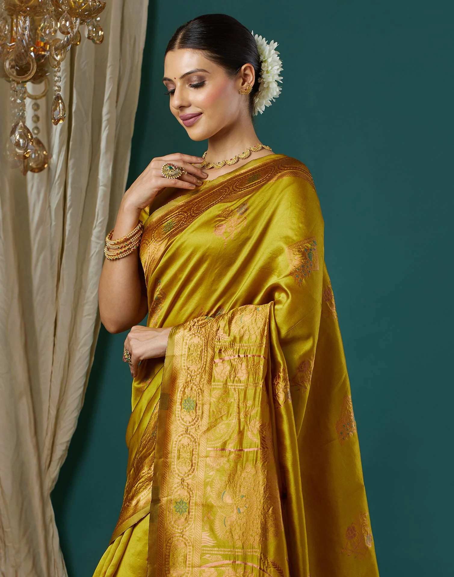 Mustard Green Silk Woven Banarasi Saree - Image 2