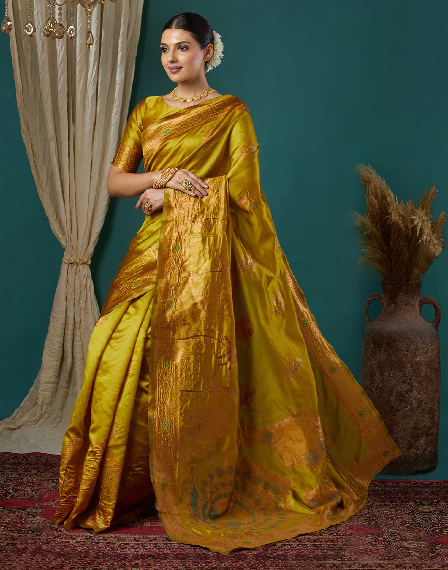Mustard Green Silk Woven Banarasi Saree - Image 5