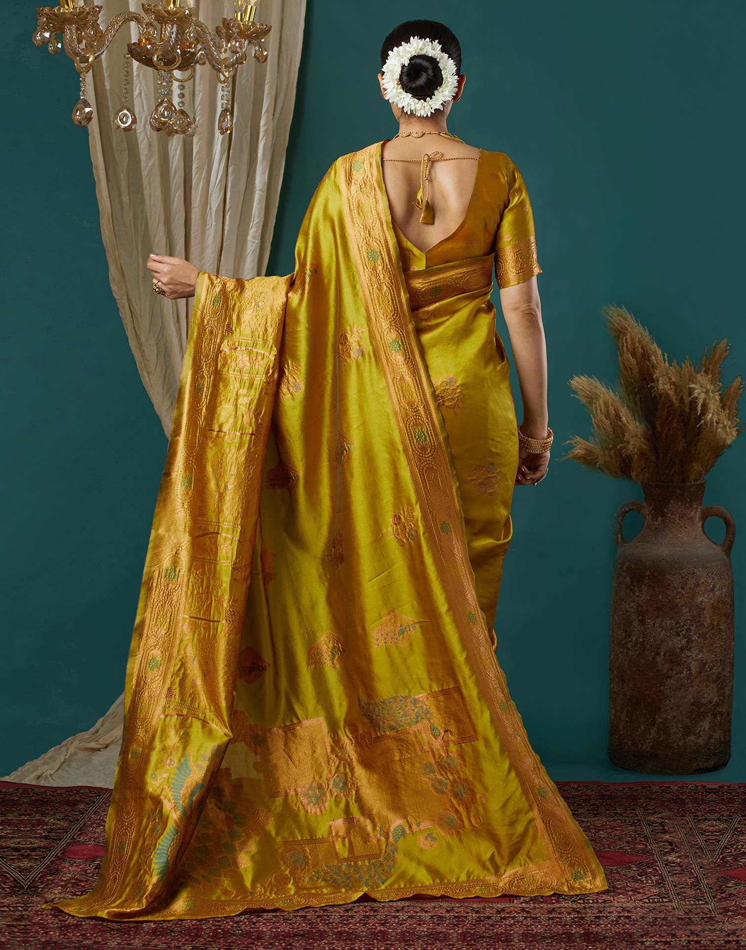 Mustard Green Silk Woven Banarasi Saree - Image 6