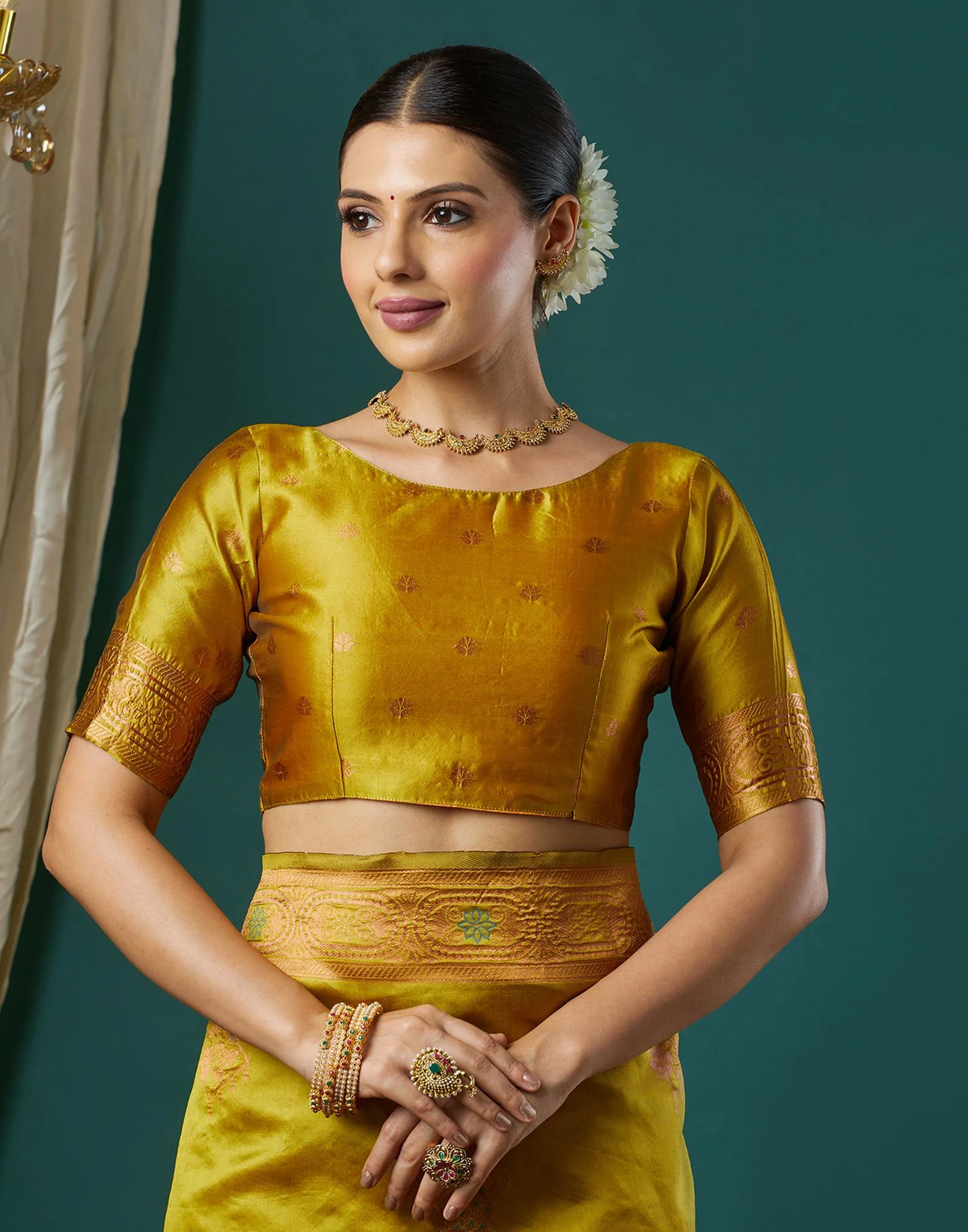 Mustard Green Silk Woven Banarasi Saree - Image 7