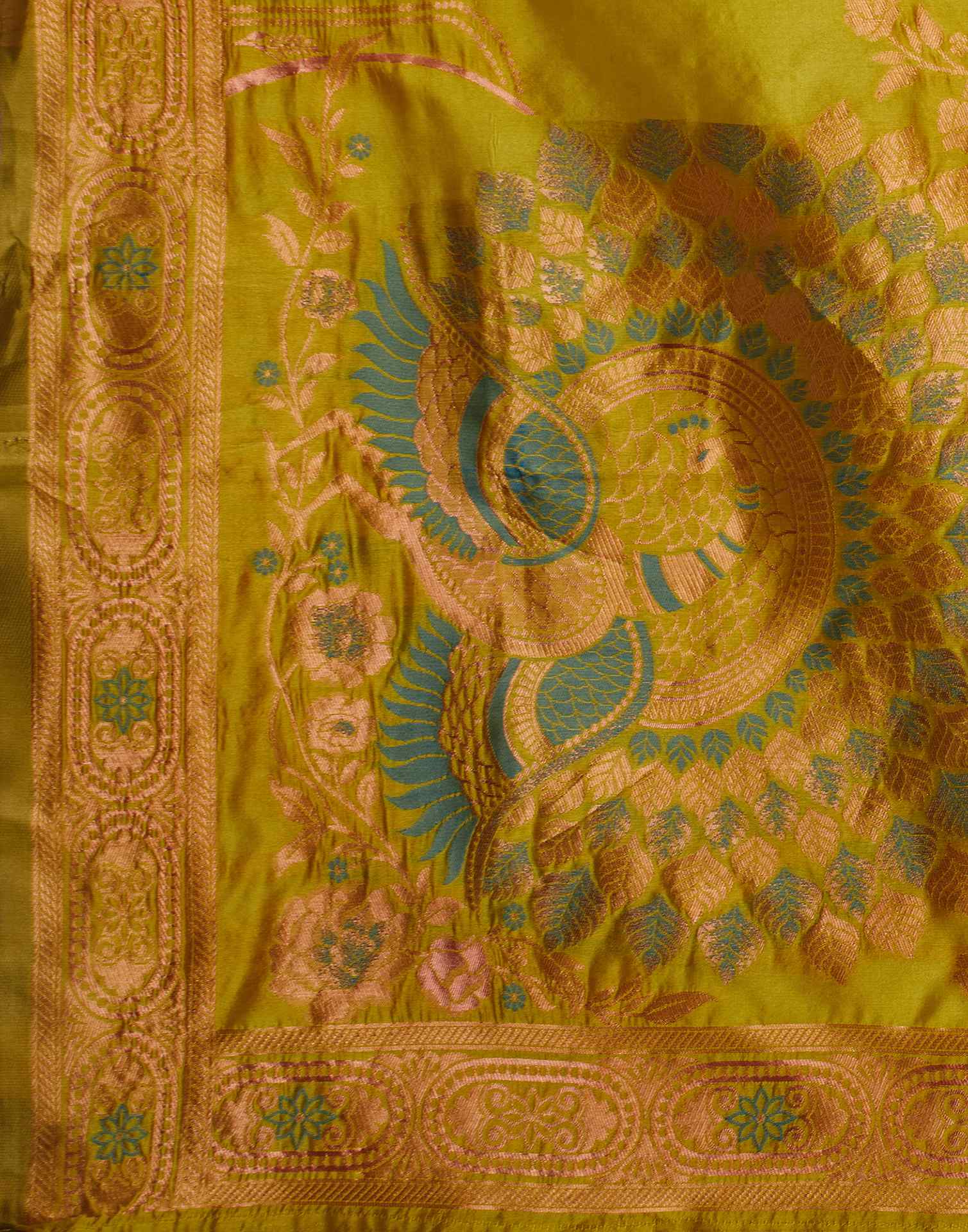 Mustard Green Silk Woven Banarasi Saree - Image 9