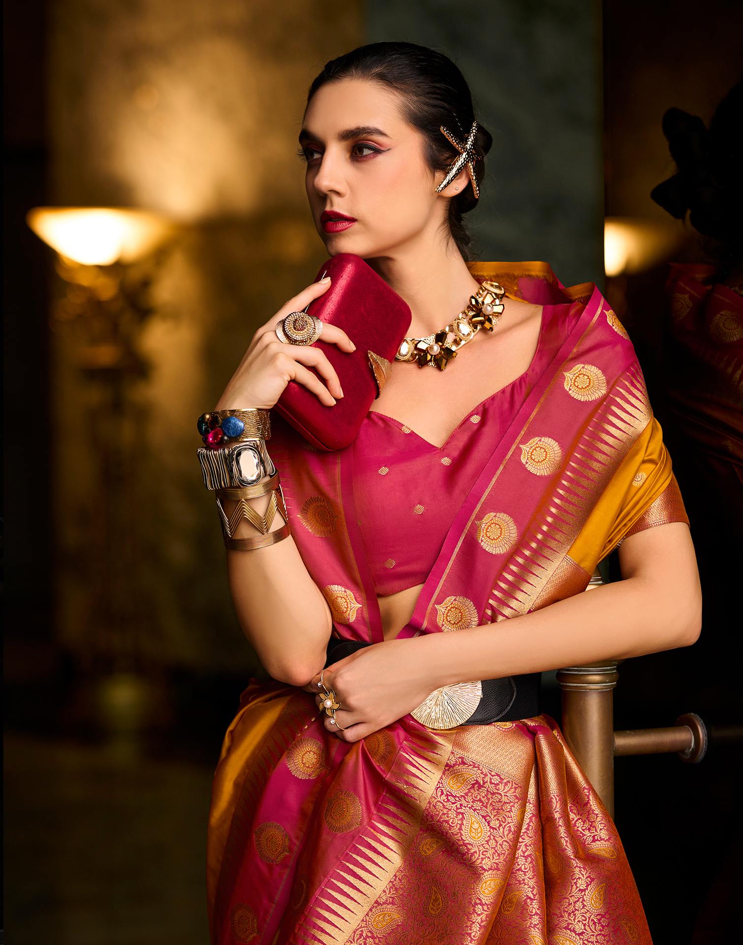 Mustard Yellow Silk Woven Banarasi Saree - Image 2