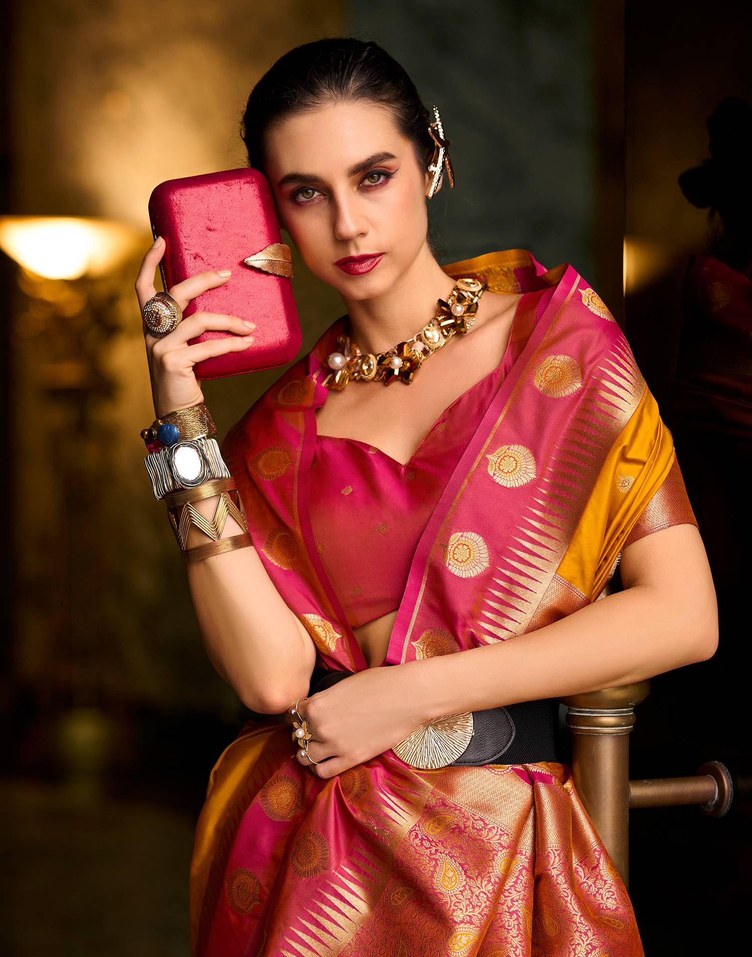 Mustard Yellow Silk Woven Banarasi Saree - Image 4