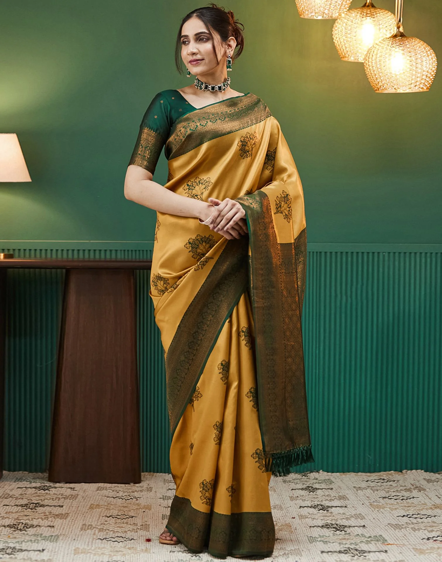 Mustard Yellow Silk Woven Banarasi Saree - Image 4
